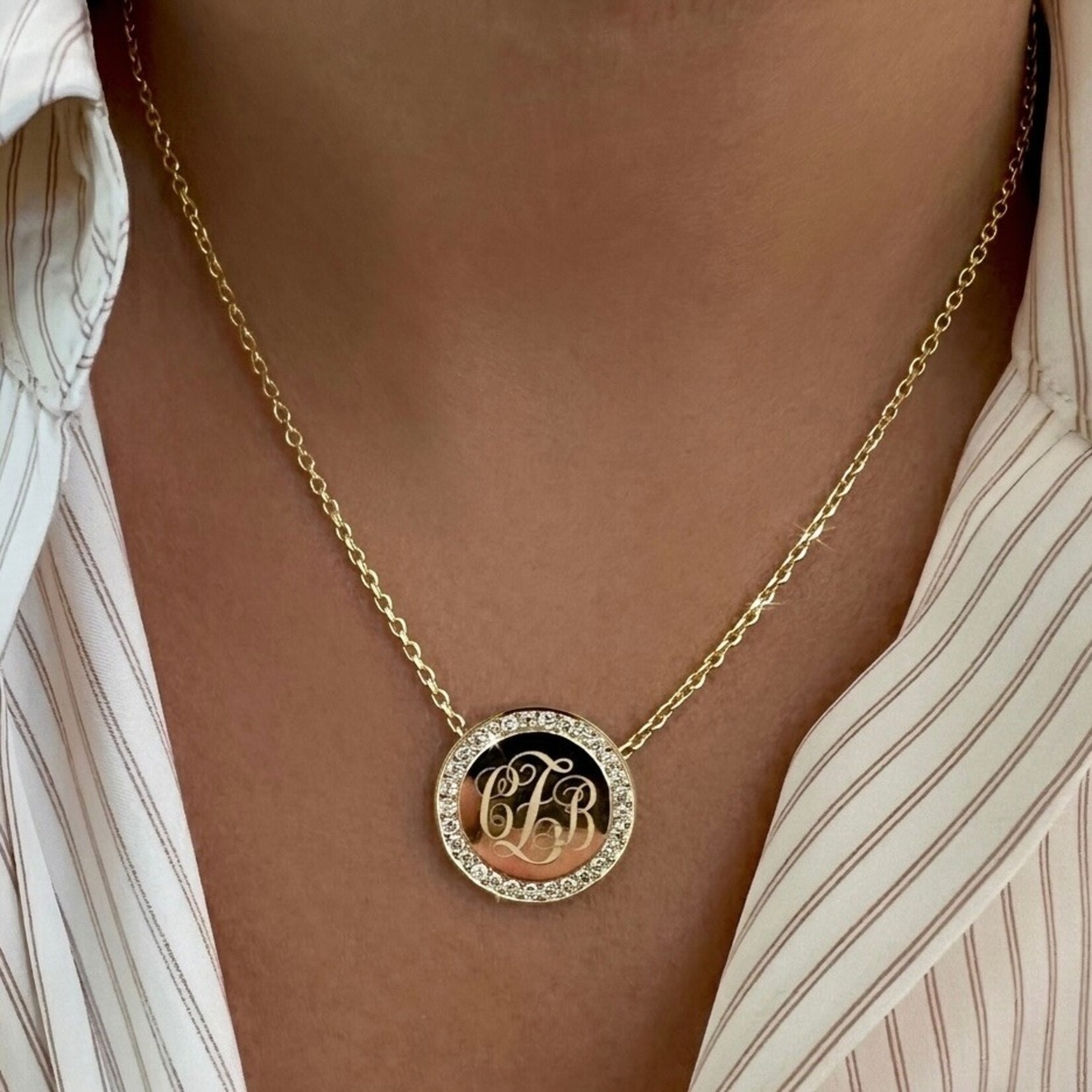 14K Yellow Gold Diamond Engravable Coin Disc Pendant