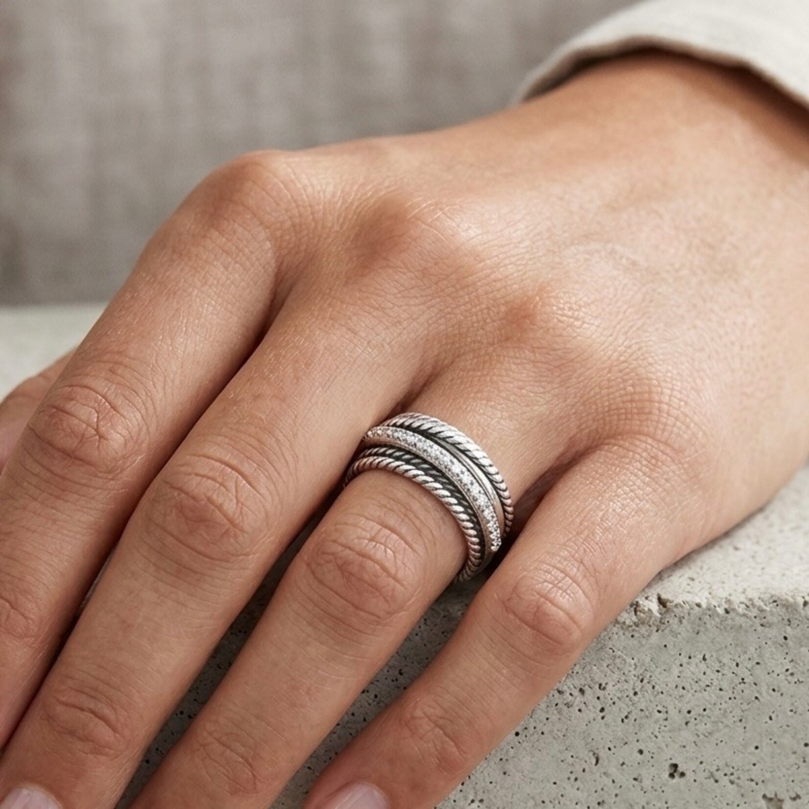 Sterling Silver and 14K White Gold David Yurman Diamond Bypass Ring