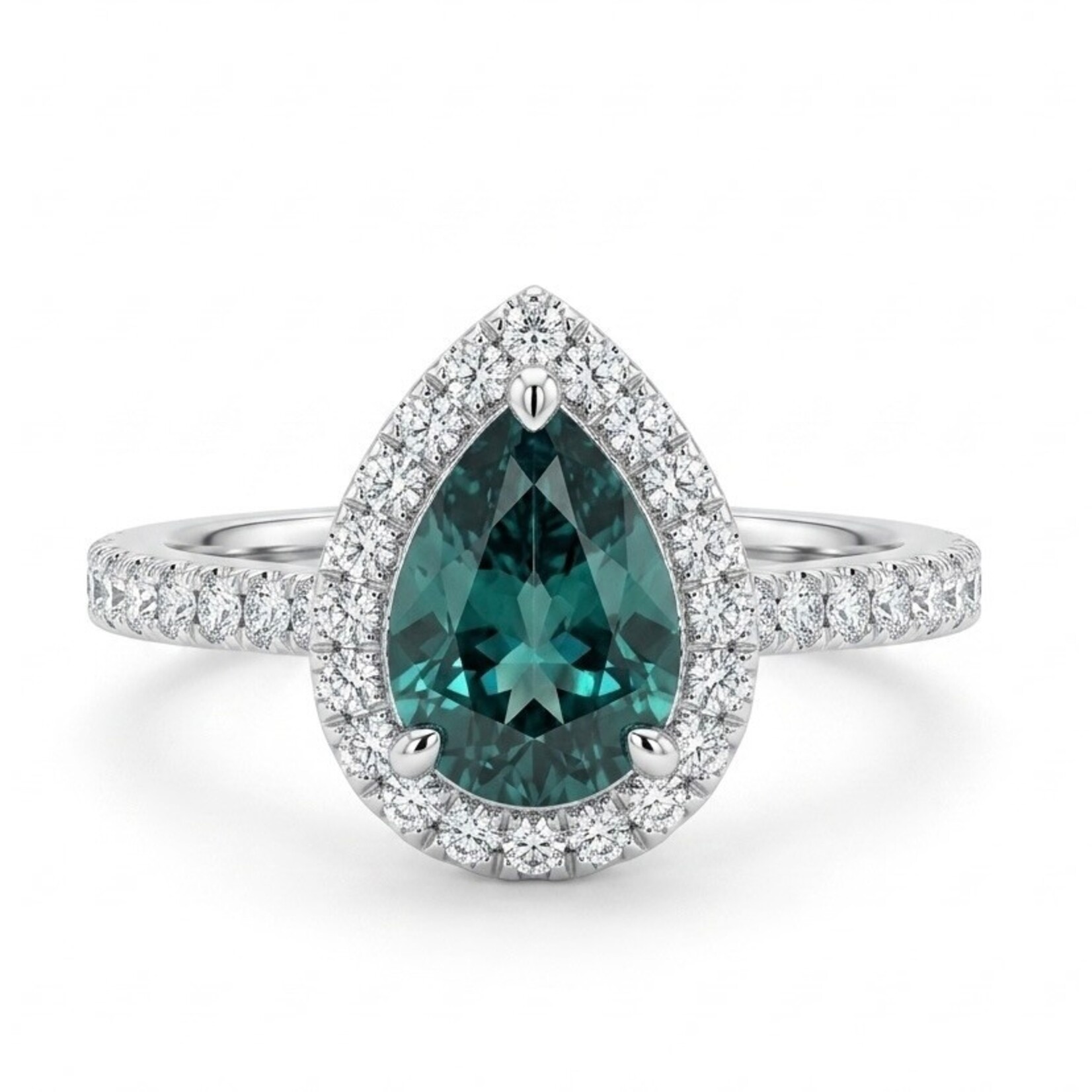 14K White Gold Teal Sapphire & Diamond Halo Ring