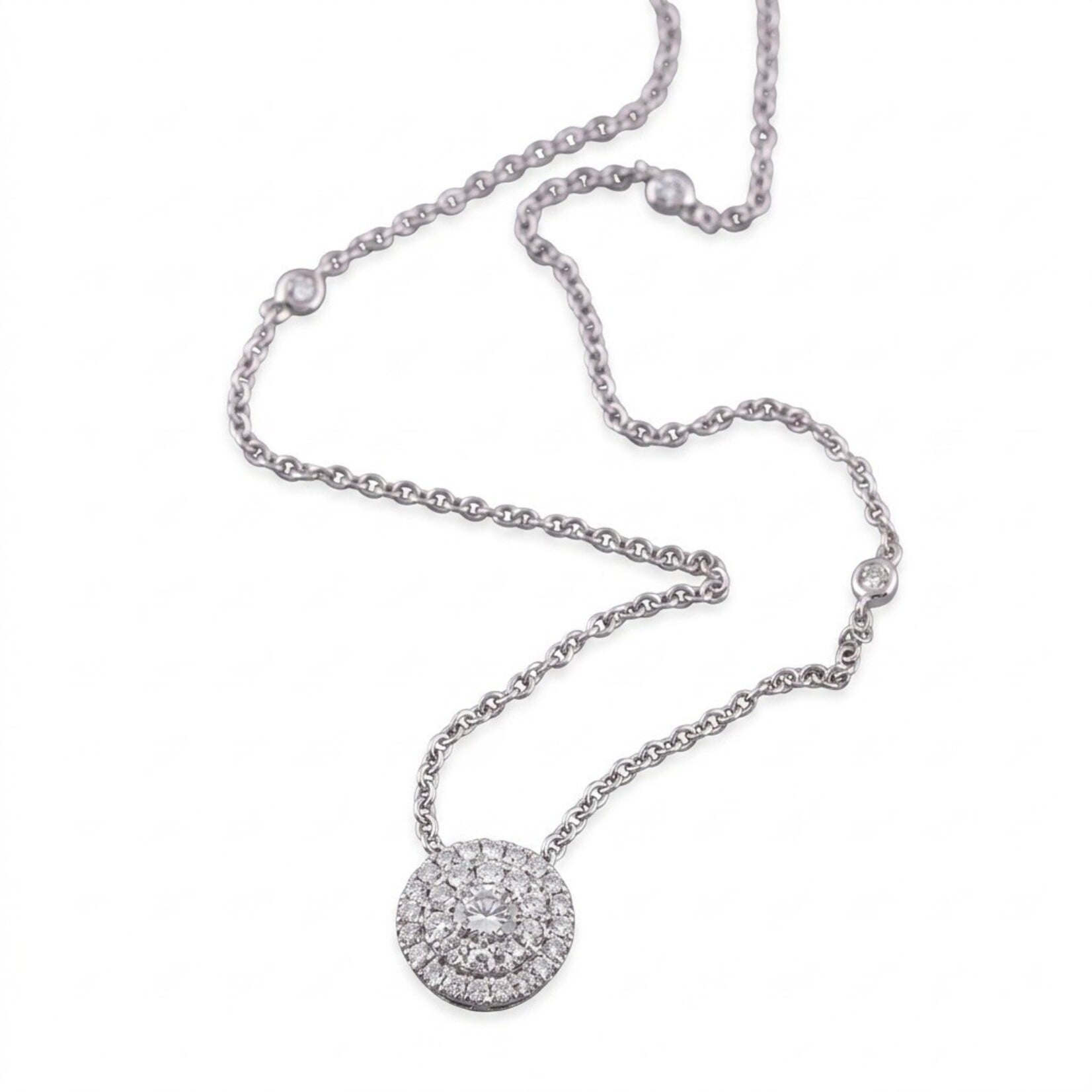 14K White Gold Diamond Double Halo Cluster Necklace