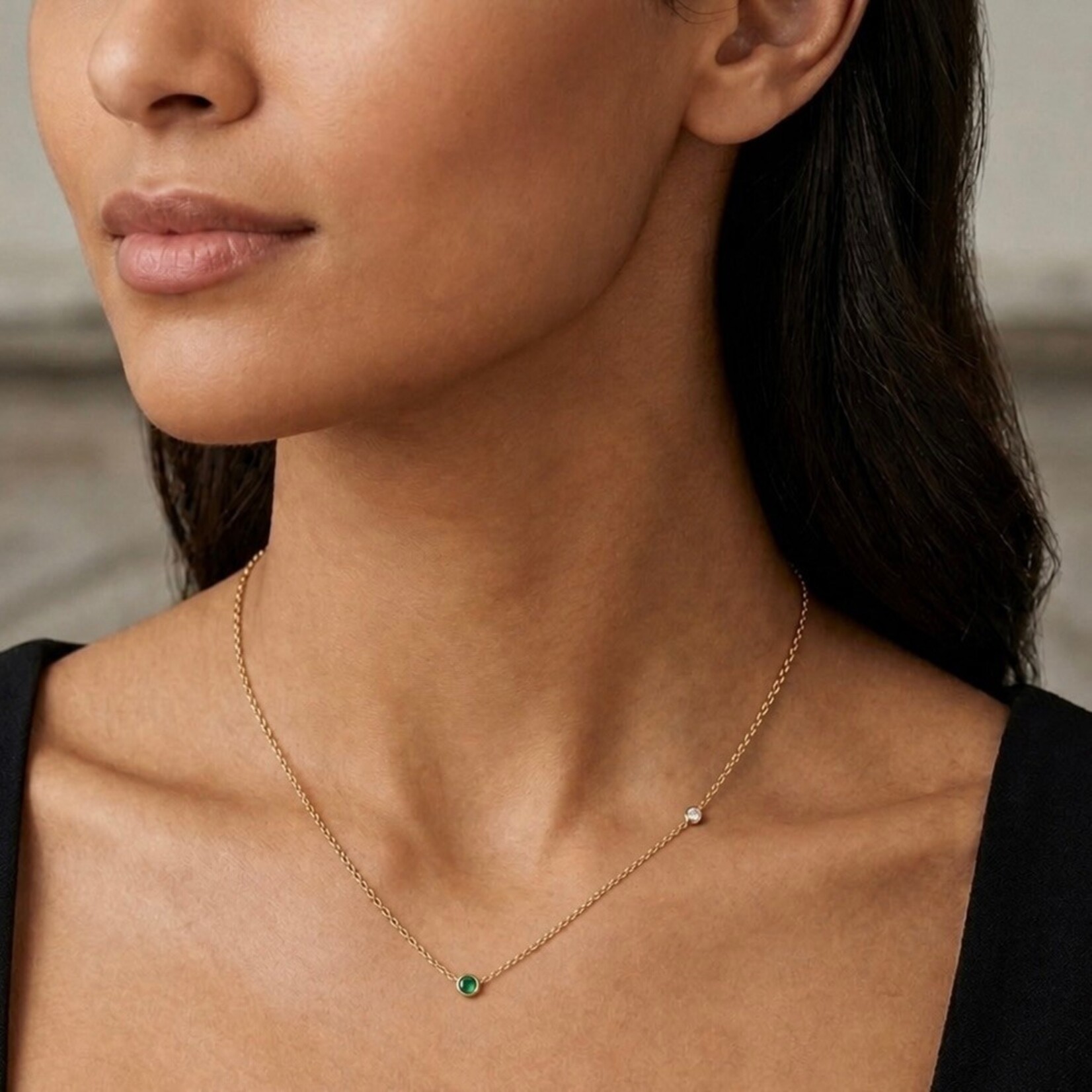 14K Yellow Gold Emerald and Diamond Bezel Necklace