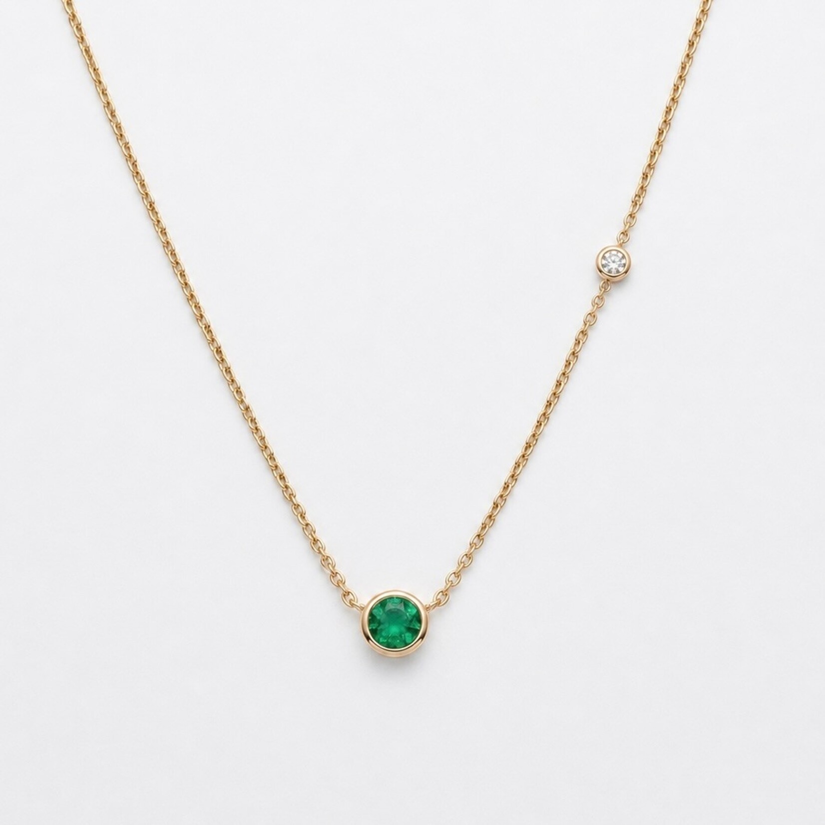 14K Yellow Gold Emerald and Diamond Bezel Necklace
