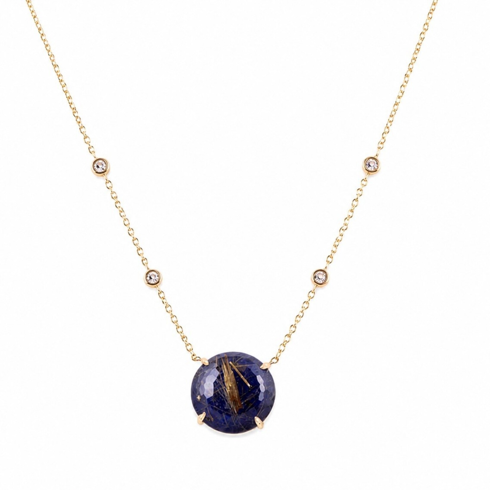 18K Yellow Gold Rutilated Quartz & Lapis Doublet and  Diamond Necklace