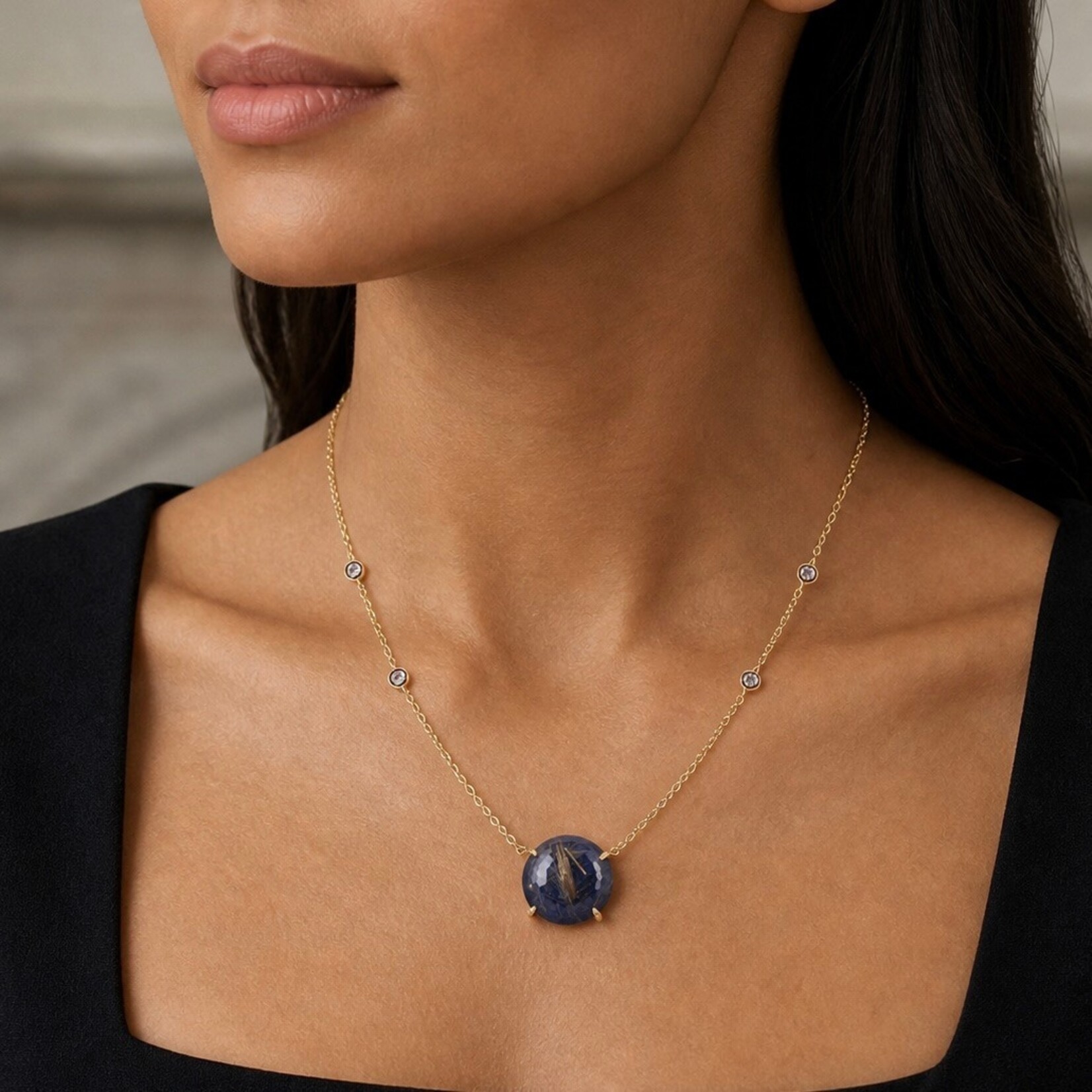 18K Yellow Gold Rutilated Quartz & Lapis Doublet and  Diamond Necklace