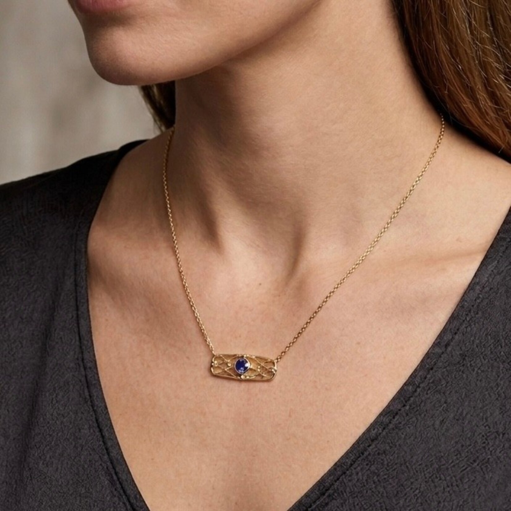 14K Yellow Gold Vintage Sapphire Lattice Necklace