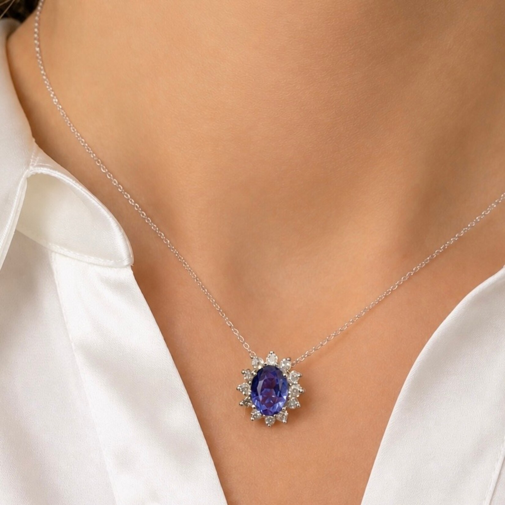 14K White Gold Oval Iolite & Diamond Pendant