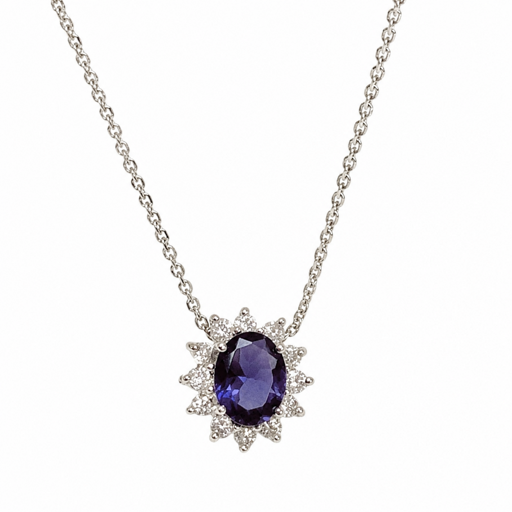 14K White Gold Oval Iolite & Diamond Pendant