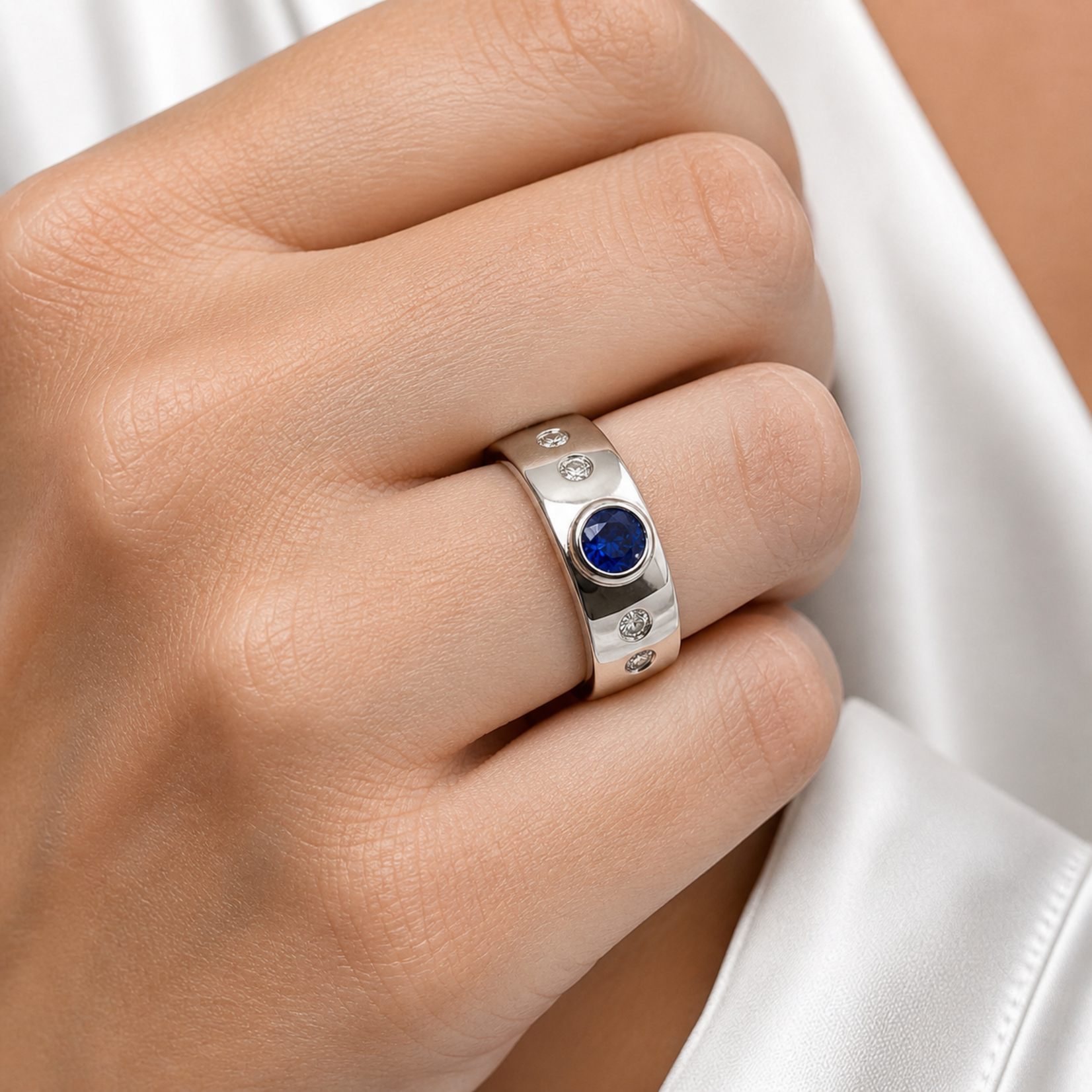 14K Gold Sapphire and Diamond Bezel Band
