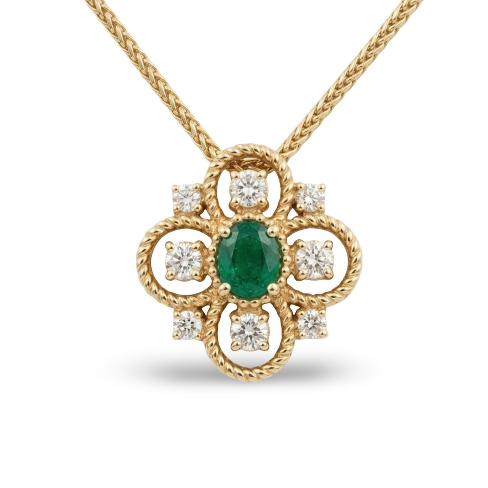 14K Yellow Gold Emerald  and Diamond Clover Cluster Pendant