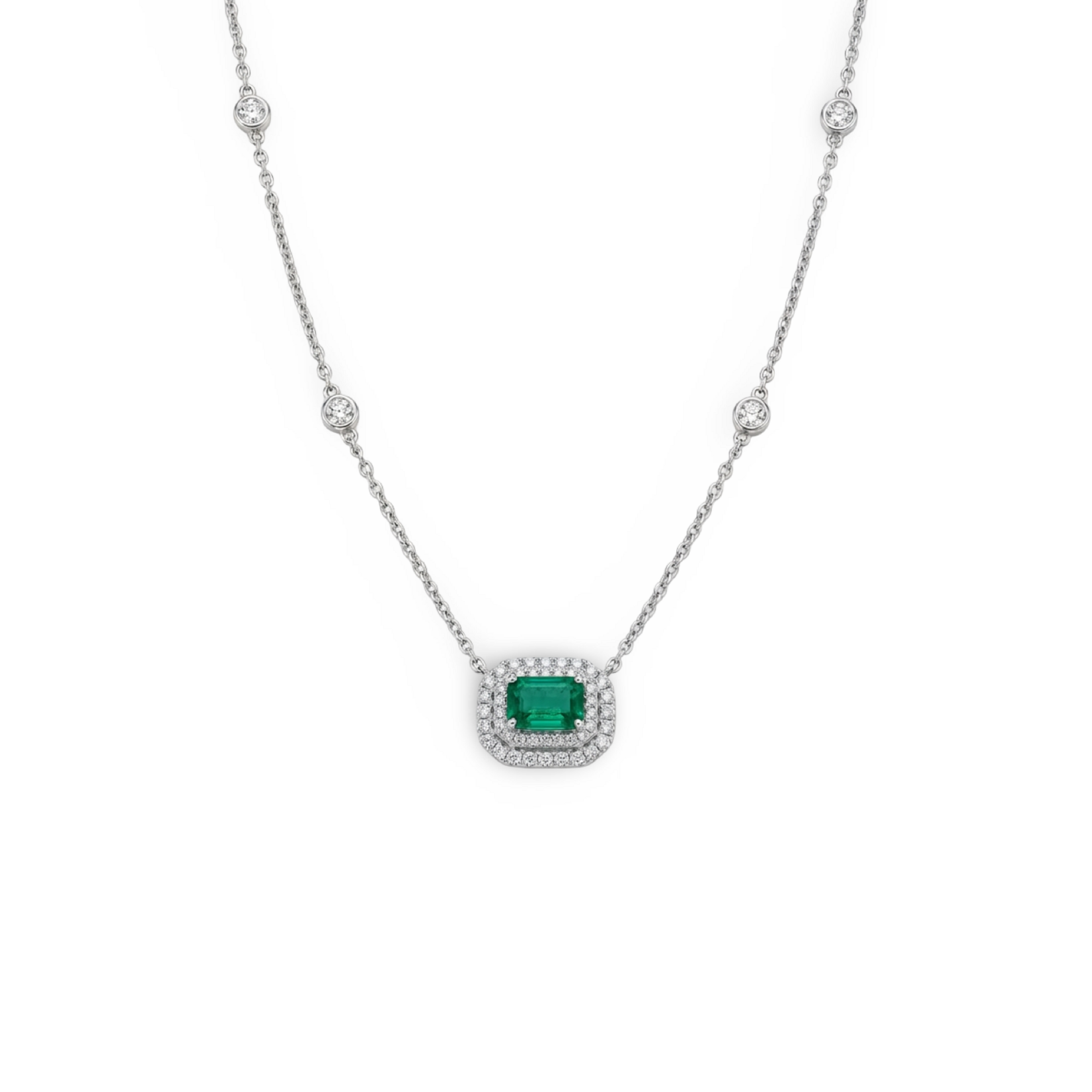 14K White Gold Emerald & Diamond Halo Necklace