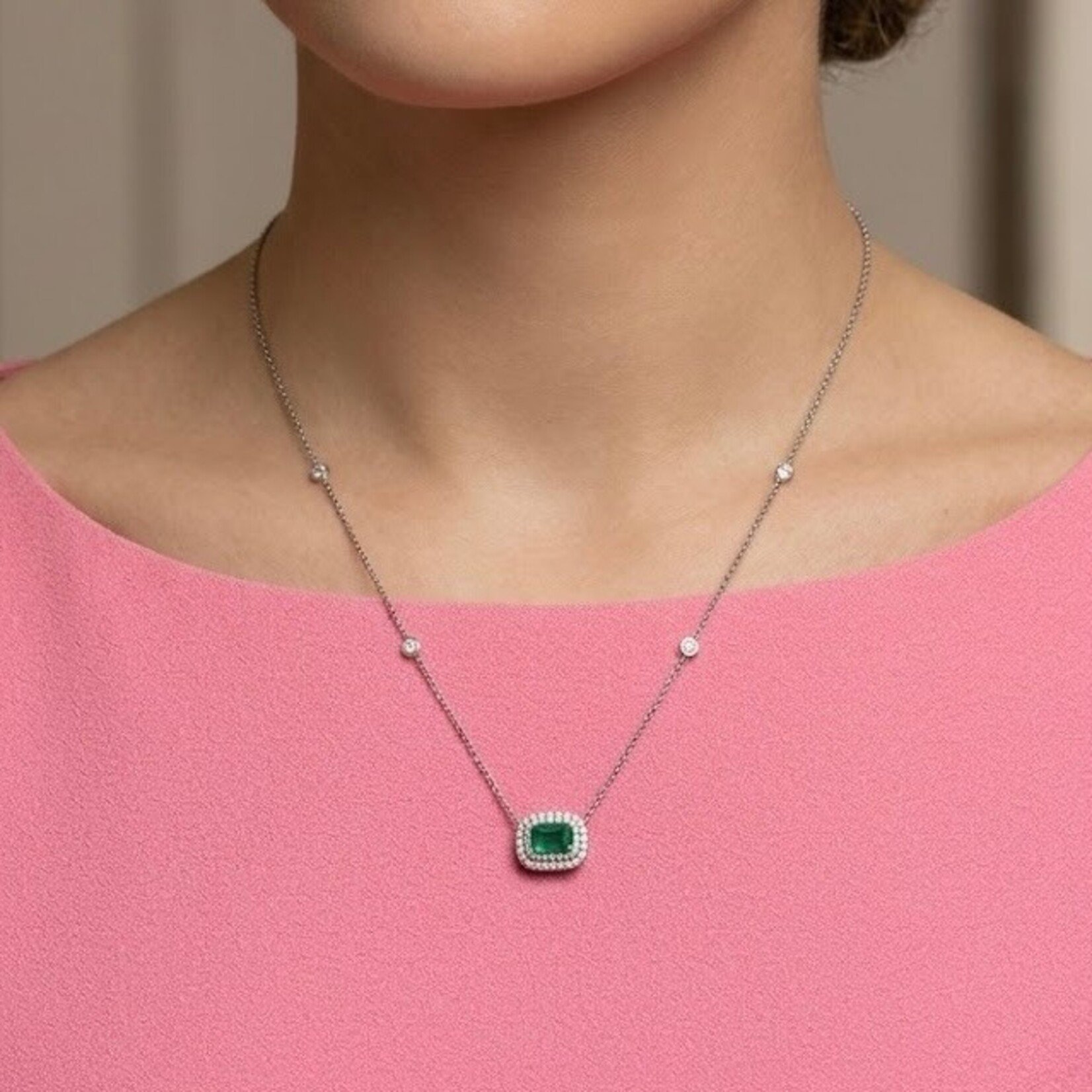 14K White Gold Emerald & Diamond Halo Necklace