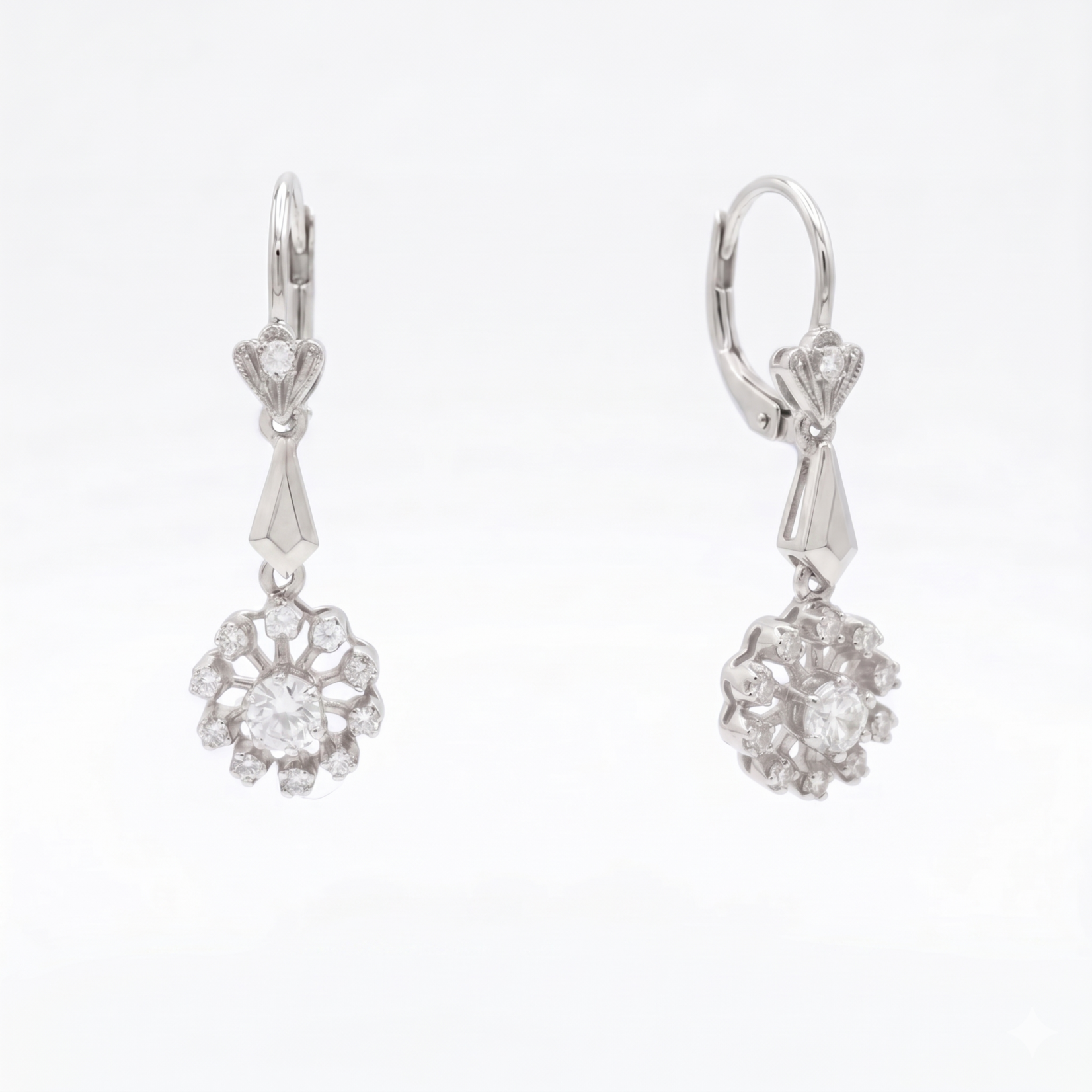 18K White Antique Diamond Cluster Chandelier Earrings