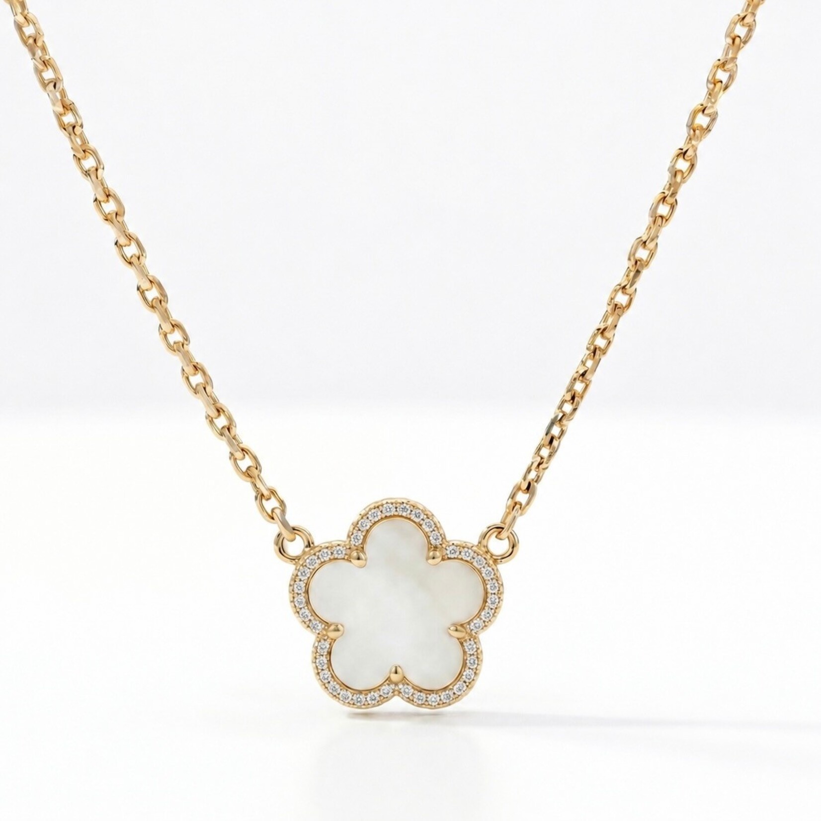 18K Yellow Gold Overlay Diamond and Mother-of-Pearl Clover Necklace