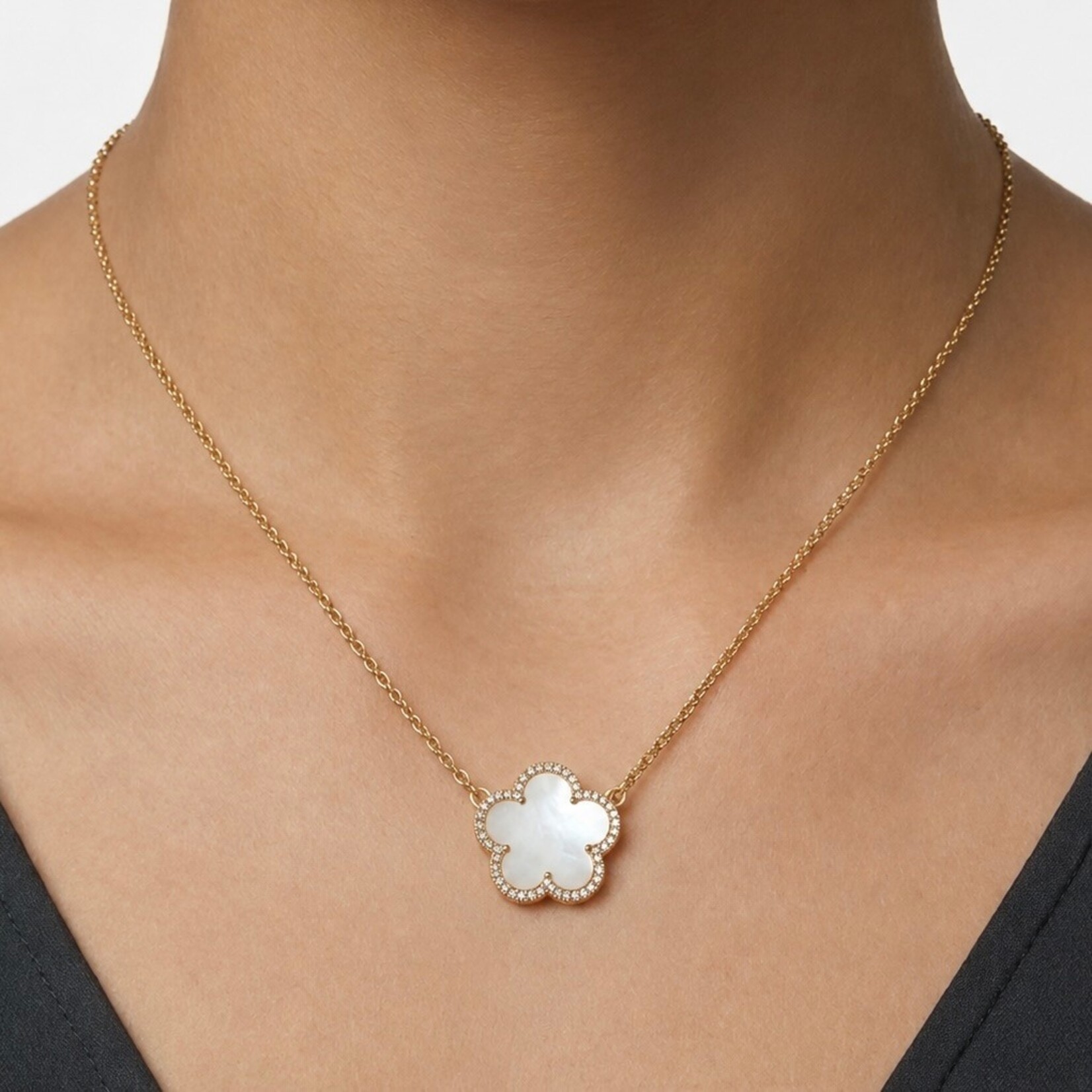18K Yellow Gold Overlay Diamond and Mother-of-Pearl Clover Necklace
