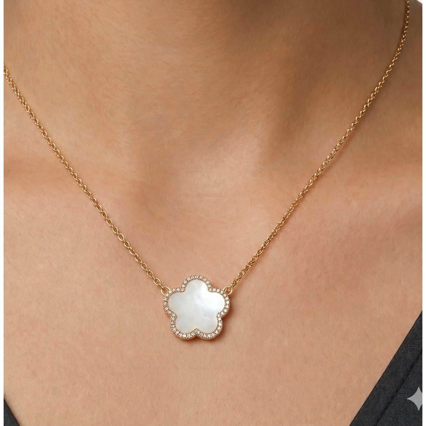 18K Yellow Gold Overlay Diamond and Mother-of-Pearl Clover Necklace