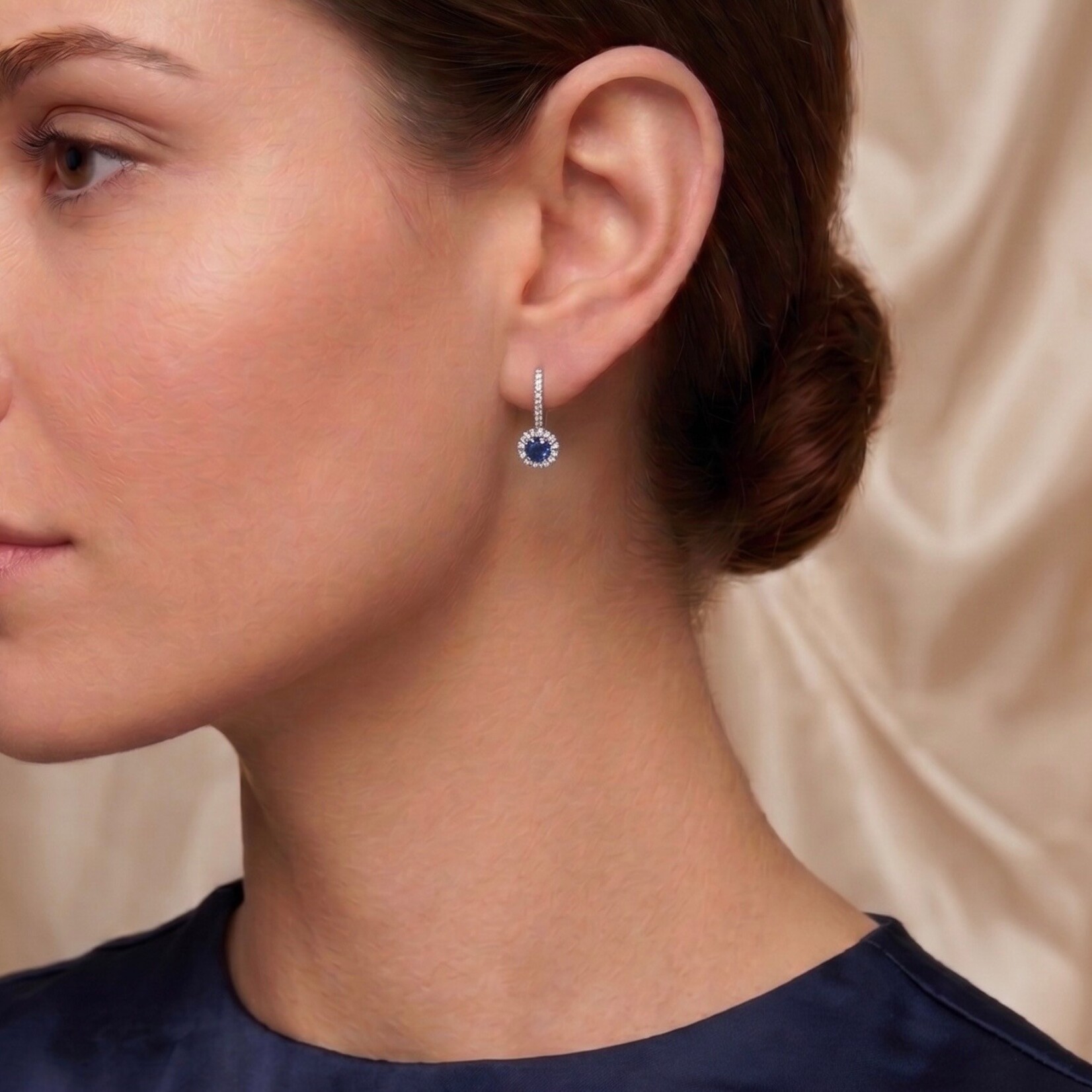 18K White Gold Sapphire & Diamond Halo Drop Earrings