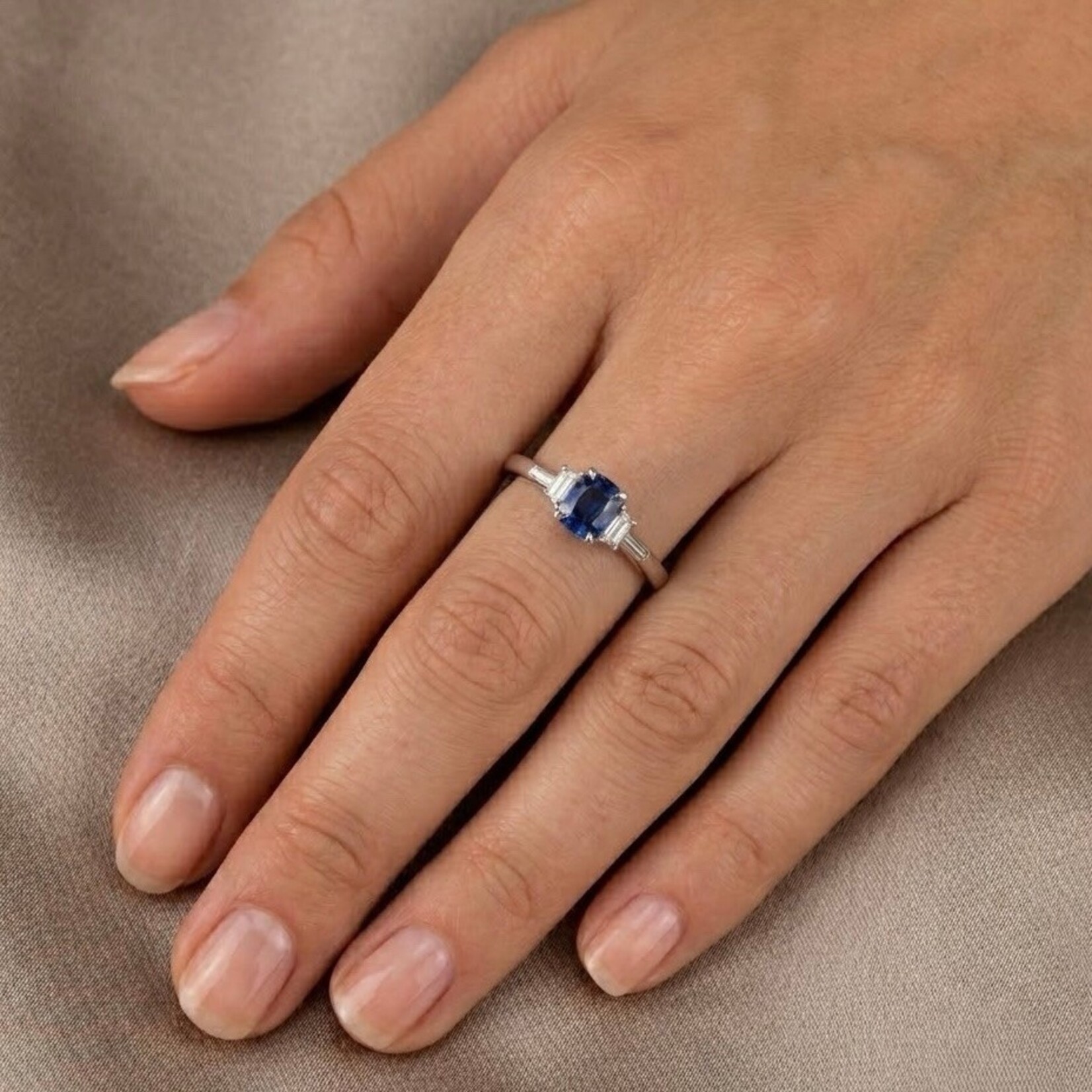 14K Gold Cushion Sapphire & Trapezoid Diamond Ring
