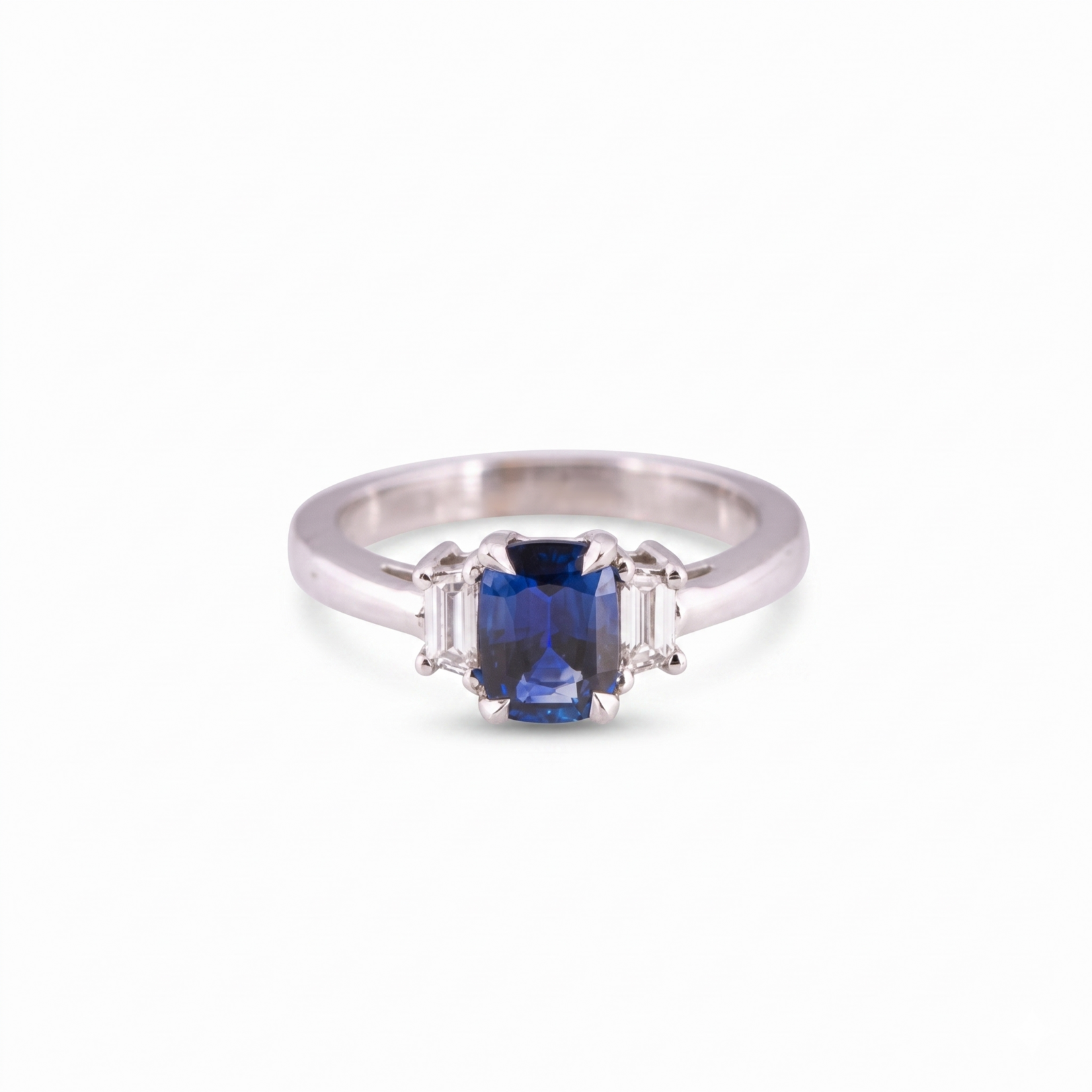 14K Gold Cushion Sapphire & Trapezoid Diamond Ring