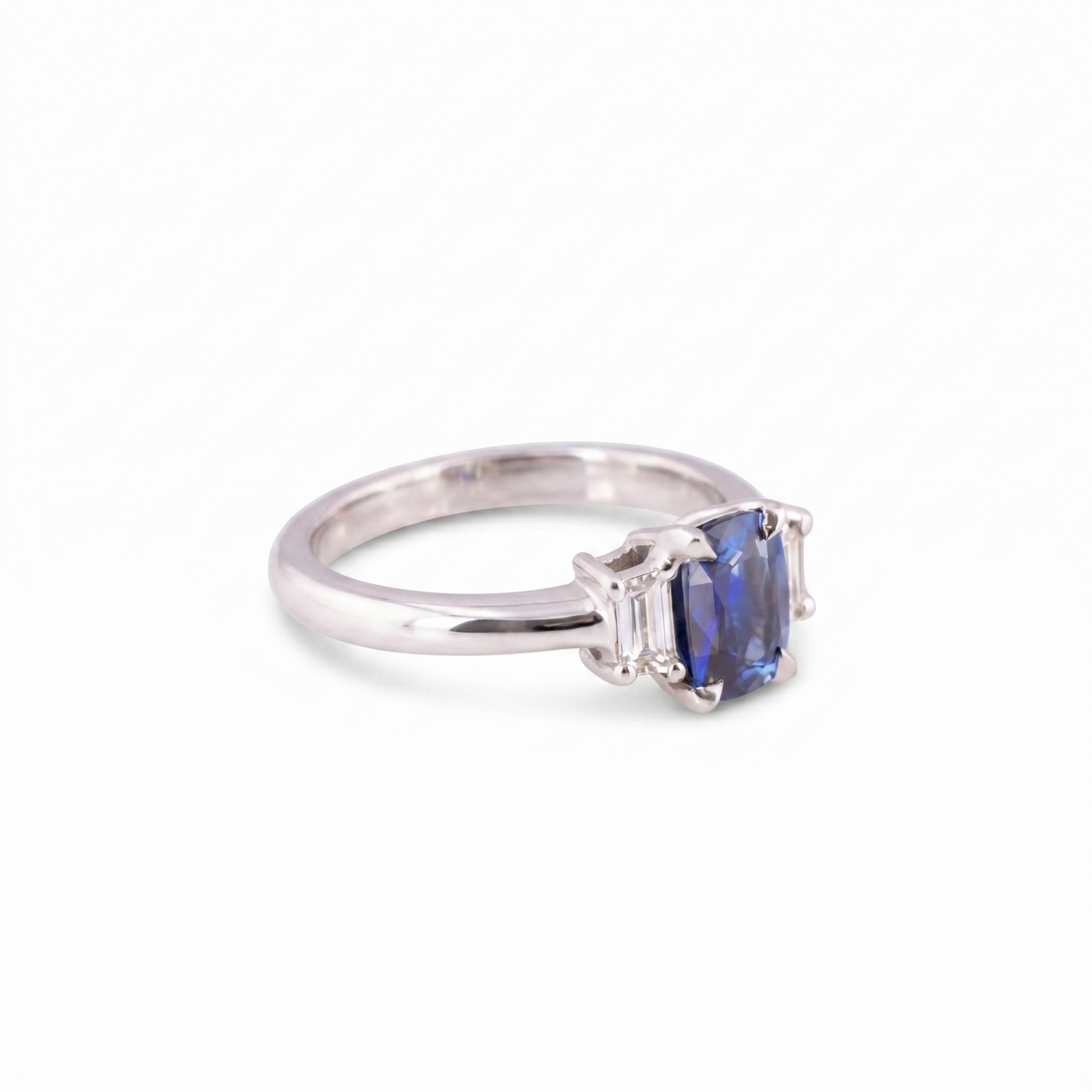 14K Gold Cushion Sapphire & Trapezoid Diamond Ring