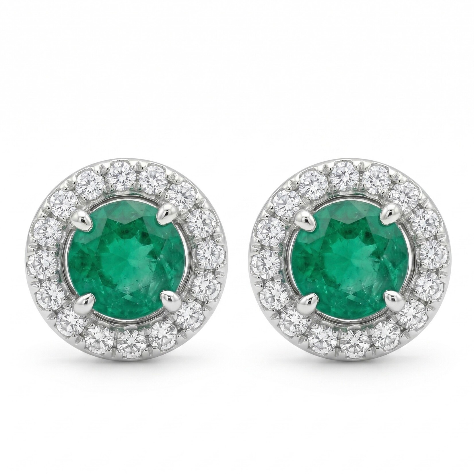 18K White Gold Emerald & Diamond Halo Stud Earrings