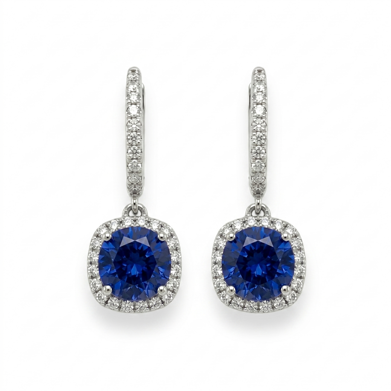 18K White Gold Tanzanite  & Diamond Halo Drop Earrings