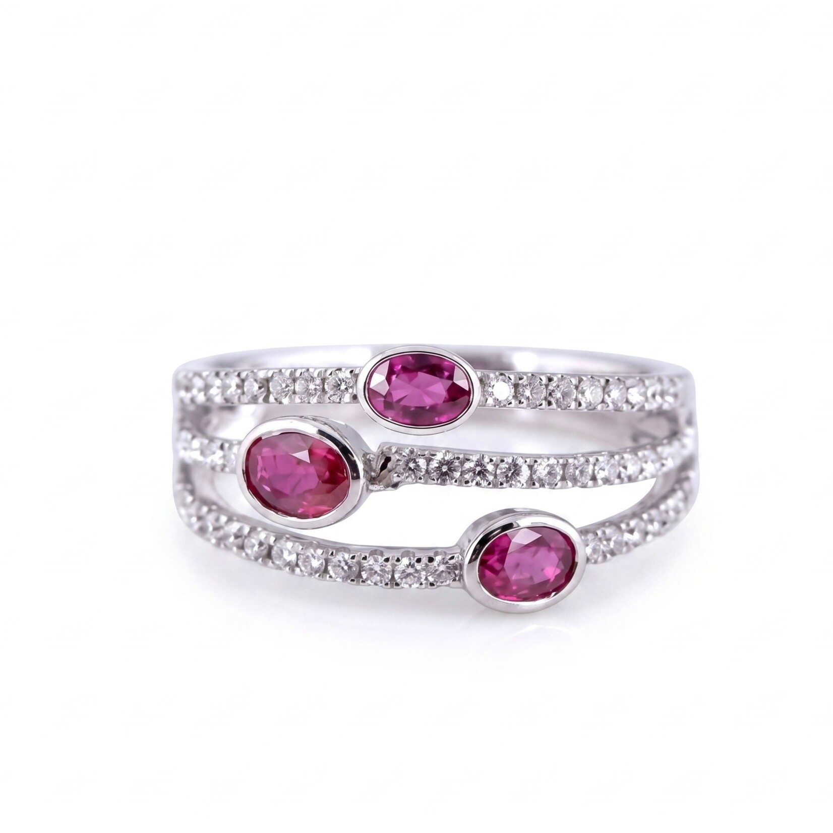 18K White Gold Ruby & Diamond Trio Band