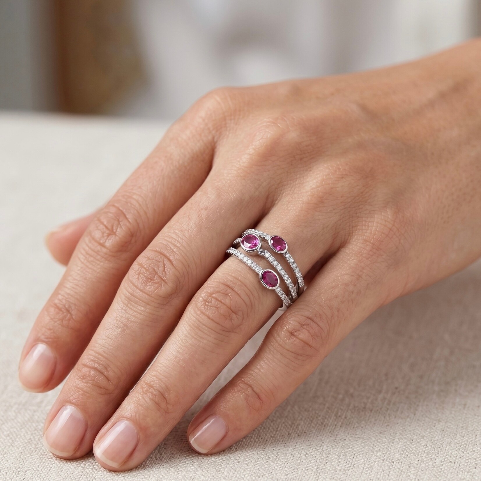 18K White Gold Ruby & Diamond Trio Band