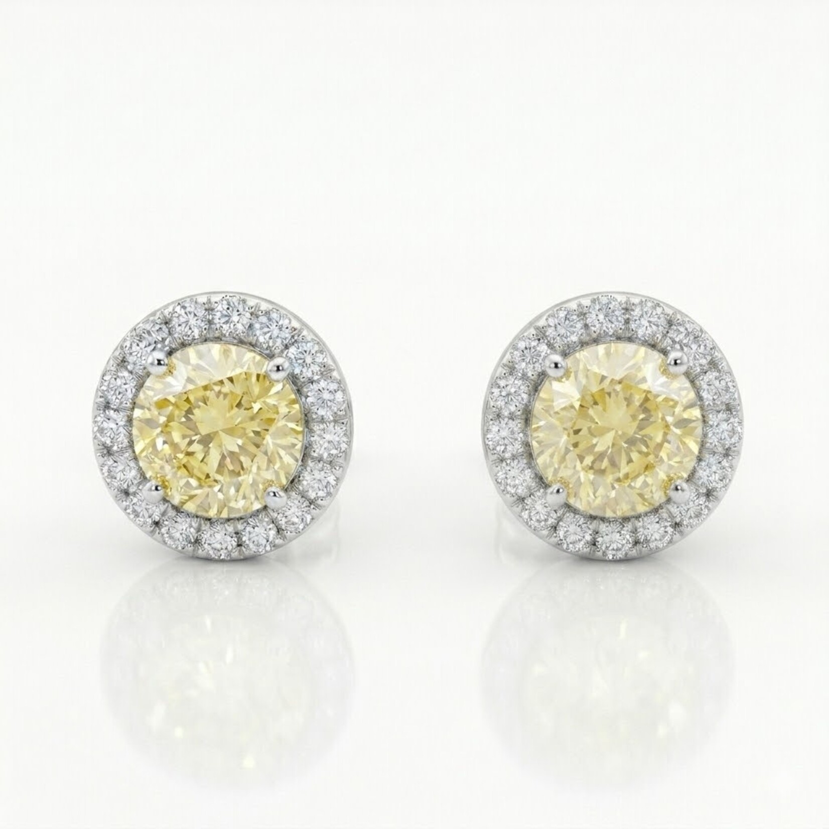 18K Two Tone Gold Fancy Yellow Diamond Halo Stud Earrings