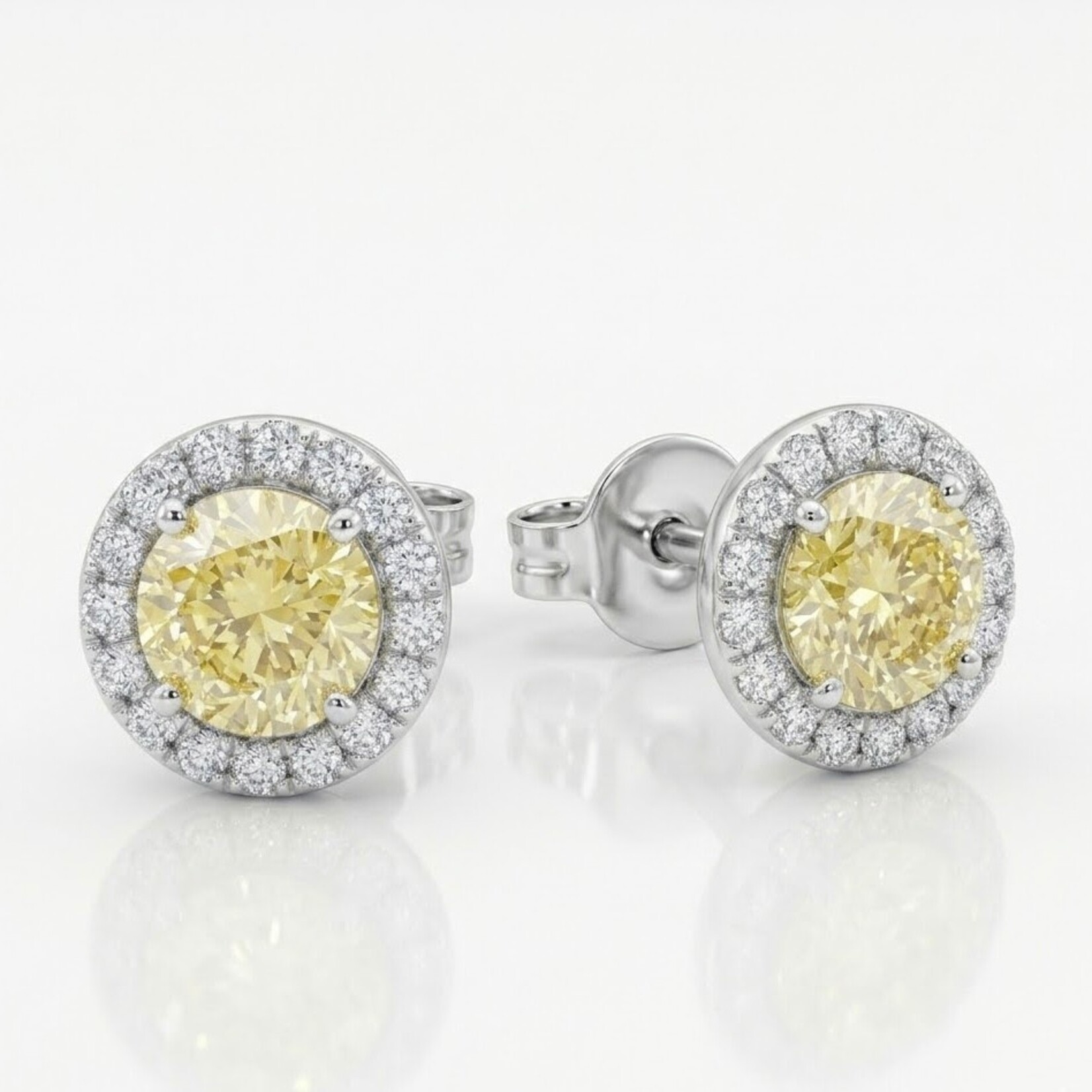 18K Two Tone Gold Fancy Yellow Diamond Halo Stud Earrings