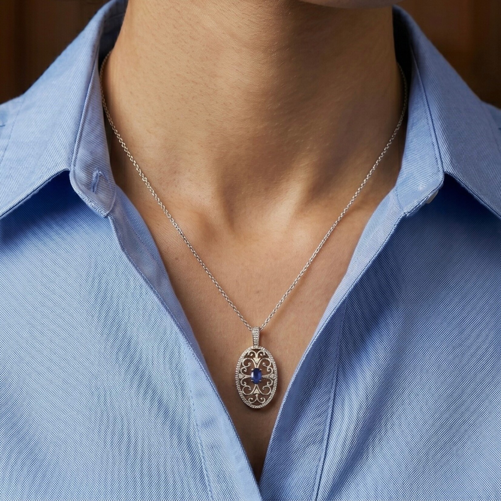 14K White Gold Oval Filigree Sapphire & Diamond Pendant