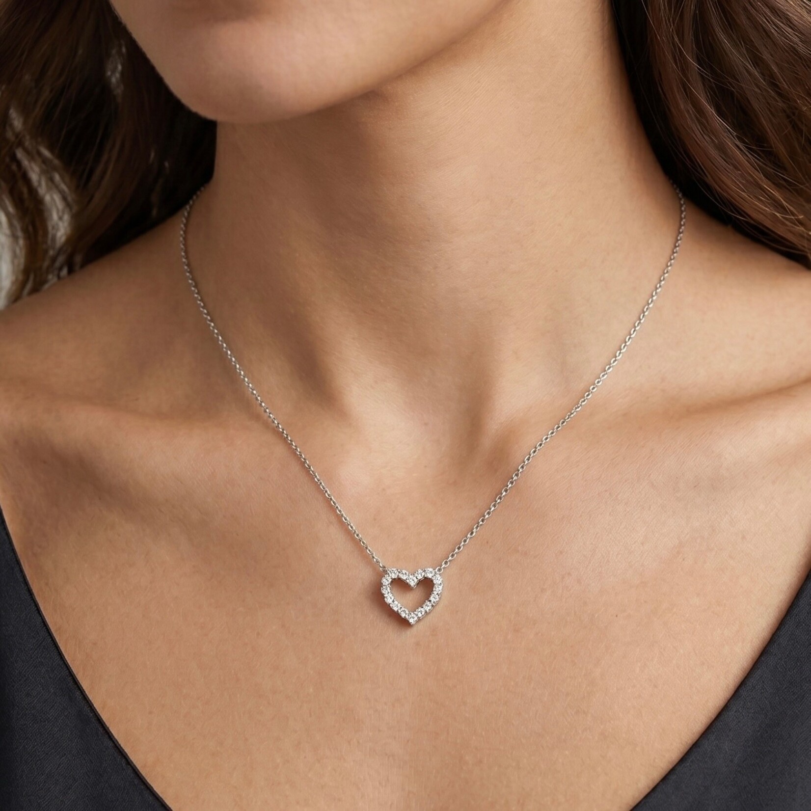 14K White Gold Open Heart Diamond Pendant