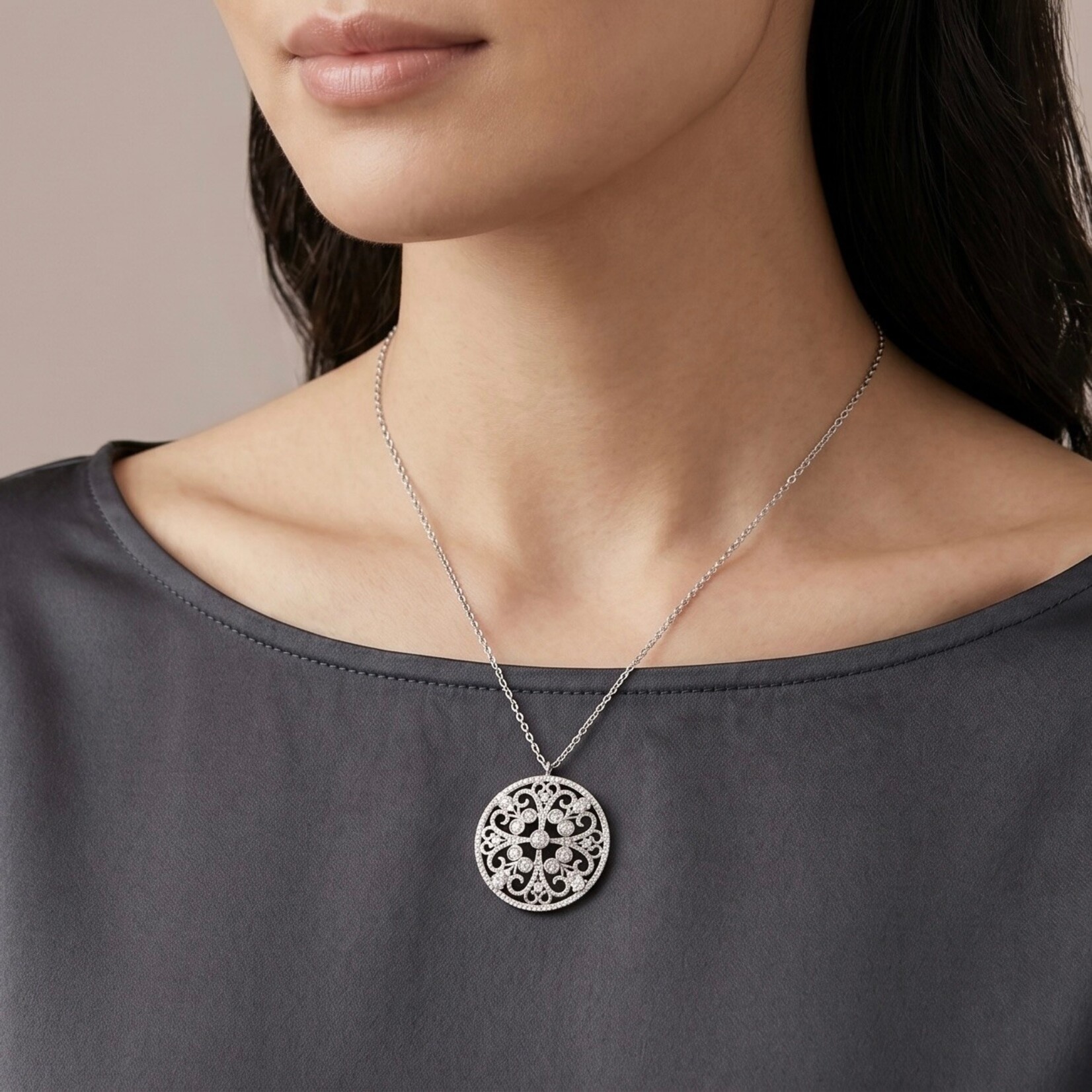 14K White Gold Round Diamond Filigree Medallion Necklace