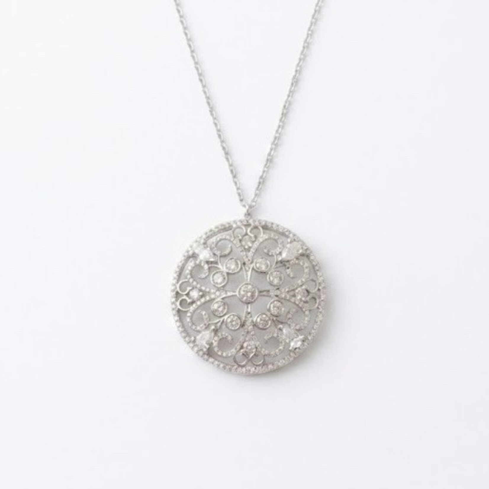 14K White Gold Round Diamond Filigree Medallion Necklace