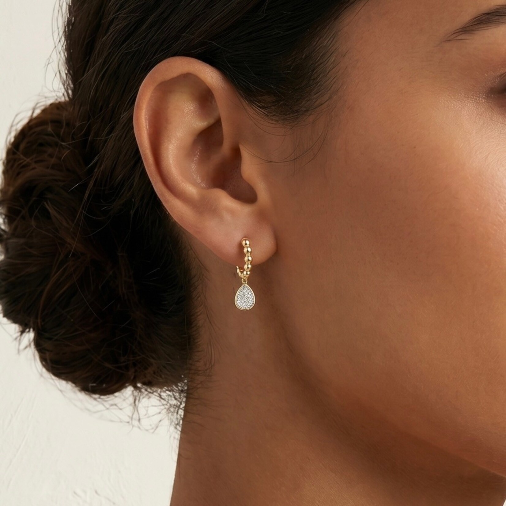 14K Yellow Gold Pave Diamond Teardrop Hoop Earrings