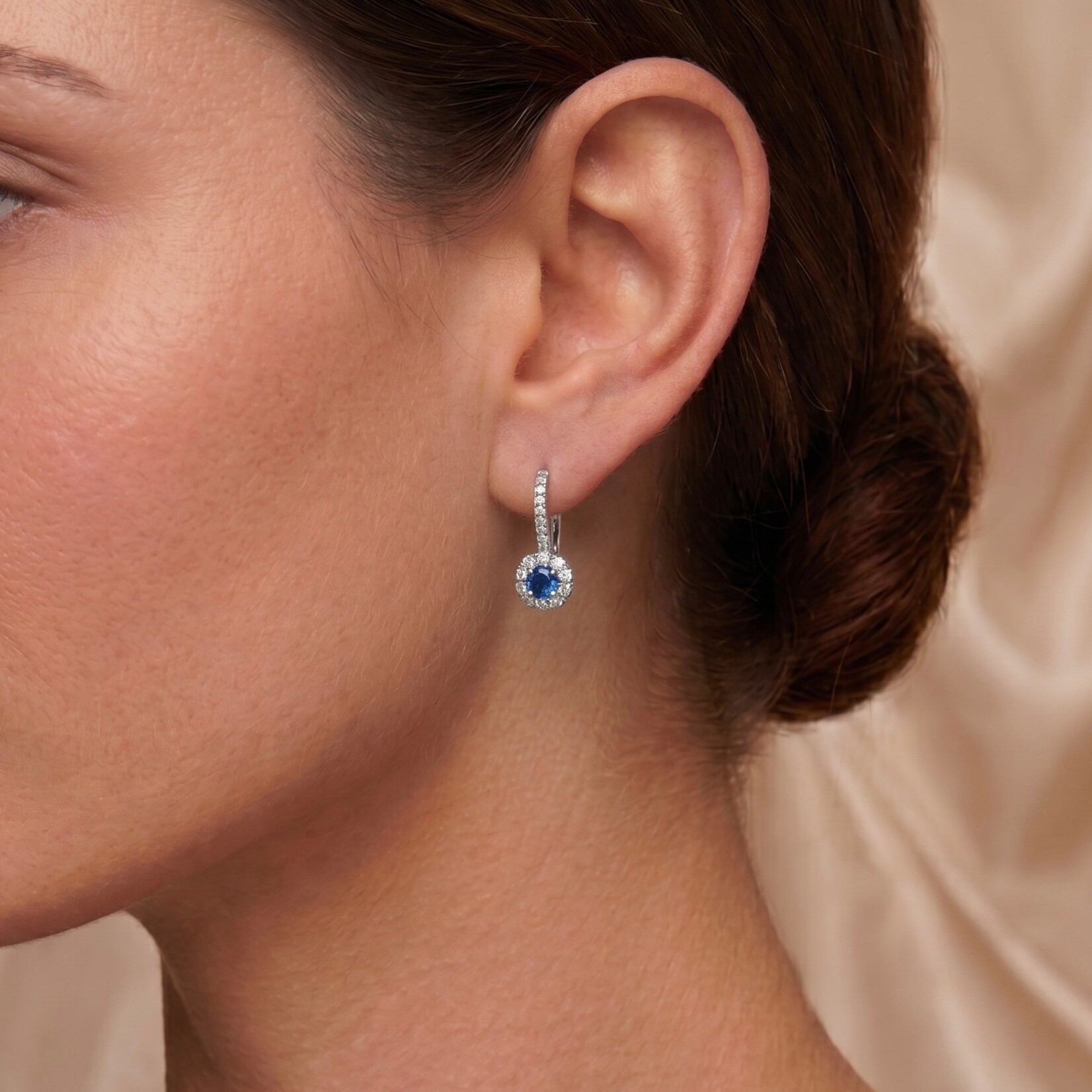 18K White Gold Sapphire & Diamond Halo Drop Earrings