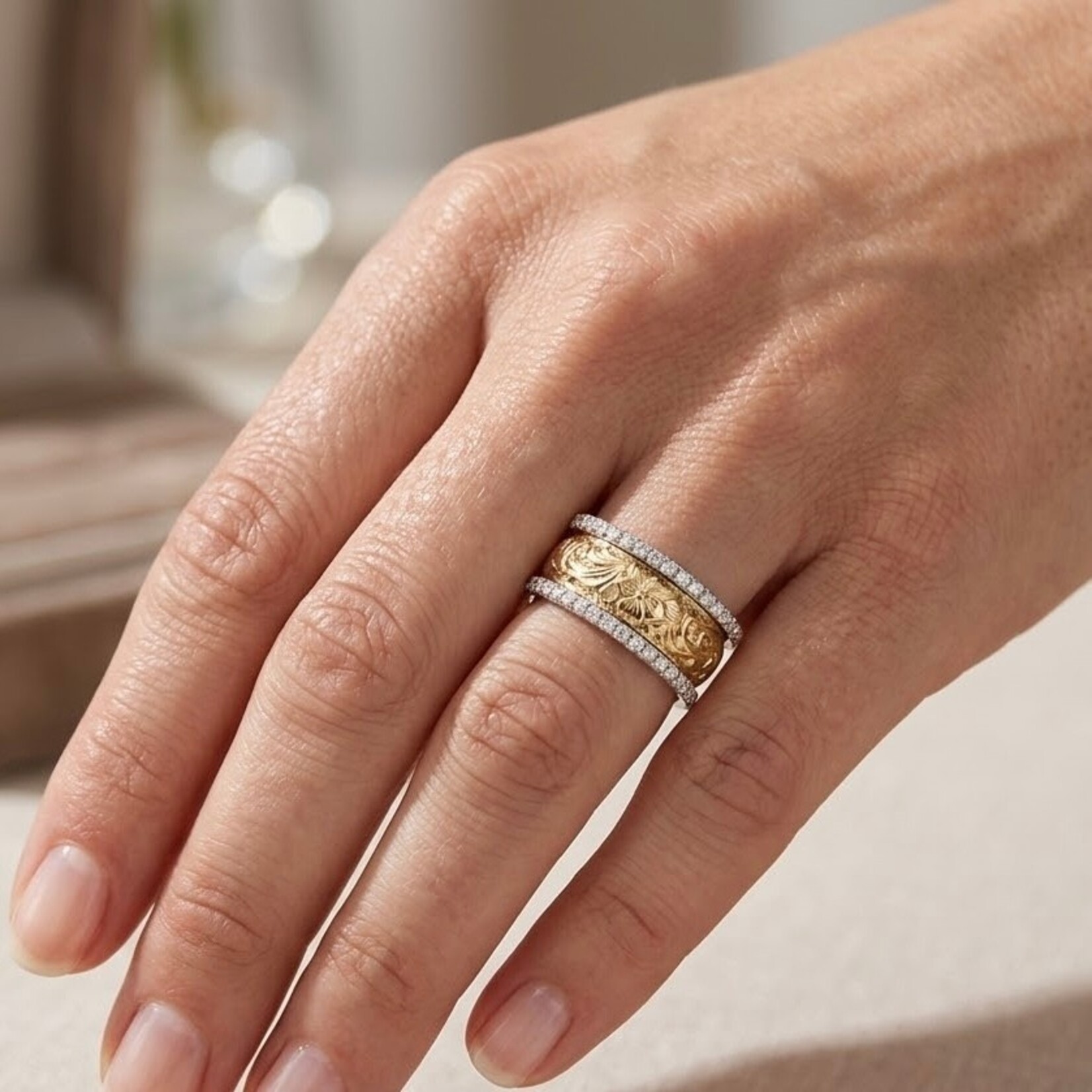 14k Yellow Gold & Platinum Hand Engraved Diamond Band