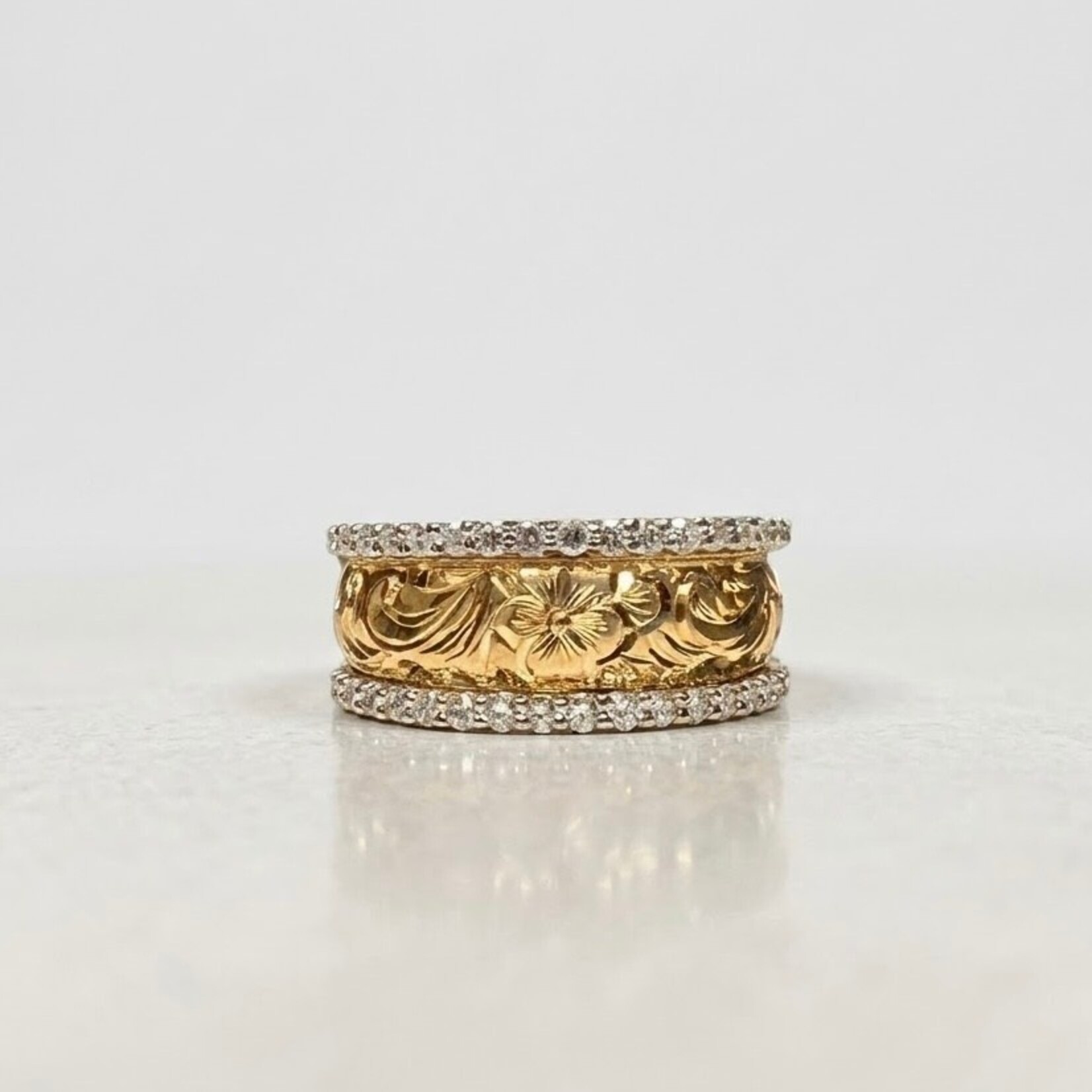 14k Yellow Gold & Platinum Hand Engraved Diamond Band