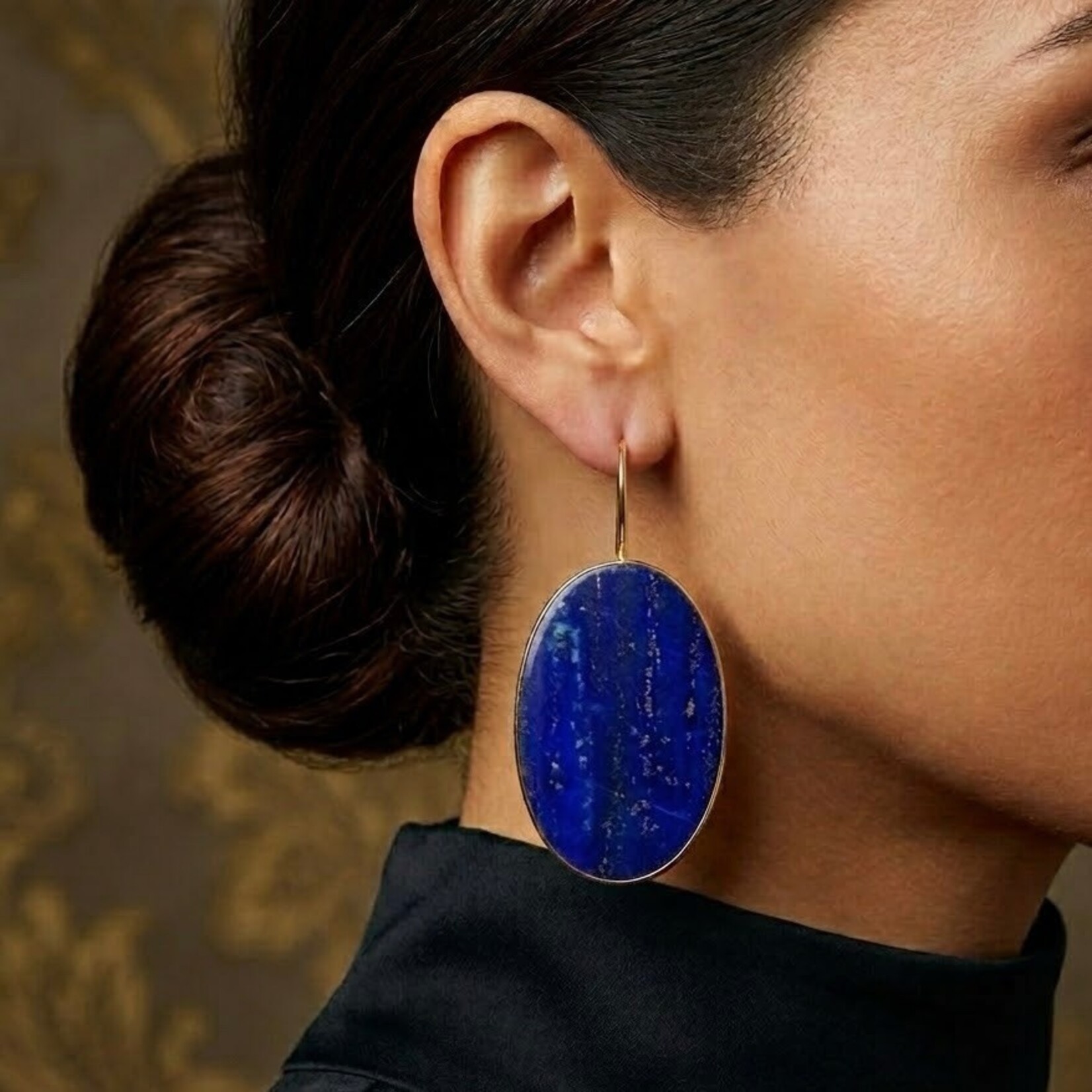 18K Yellow Gold Oval Lapis Slice Drop Earrings