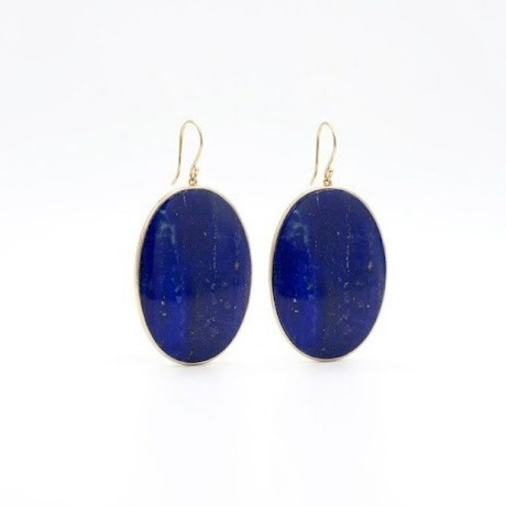 18K Yellow Gold Oval Lapis Slice Drop Earrings