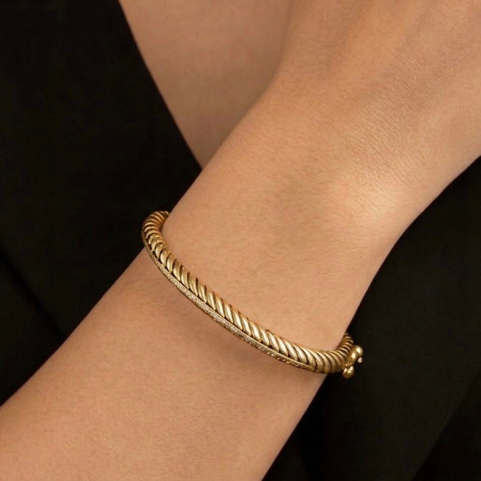 14K Yellow Gold Overlay Diamond Steel Cable Bangle