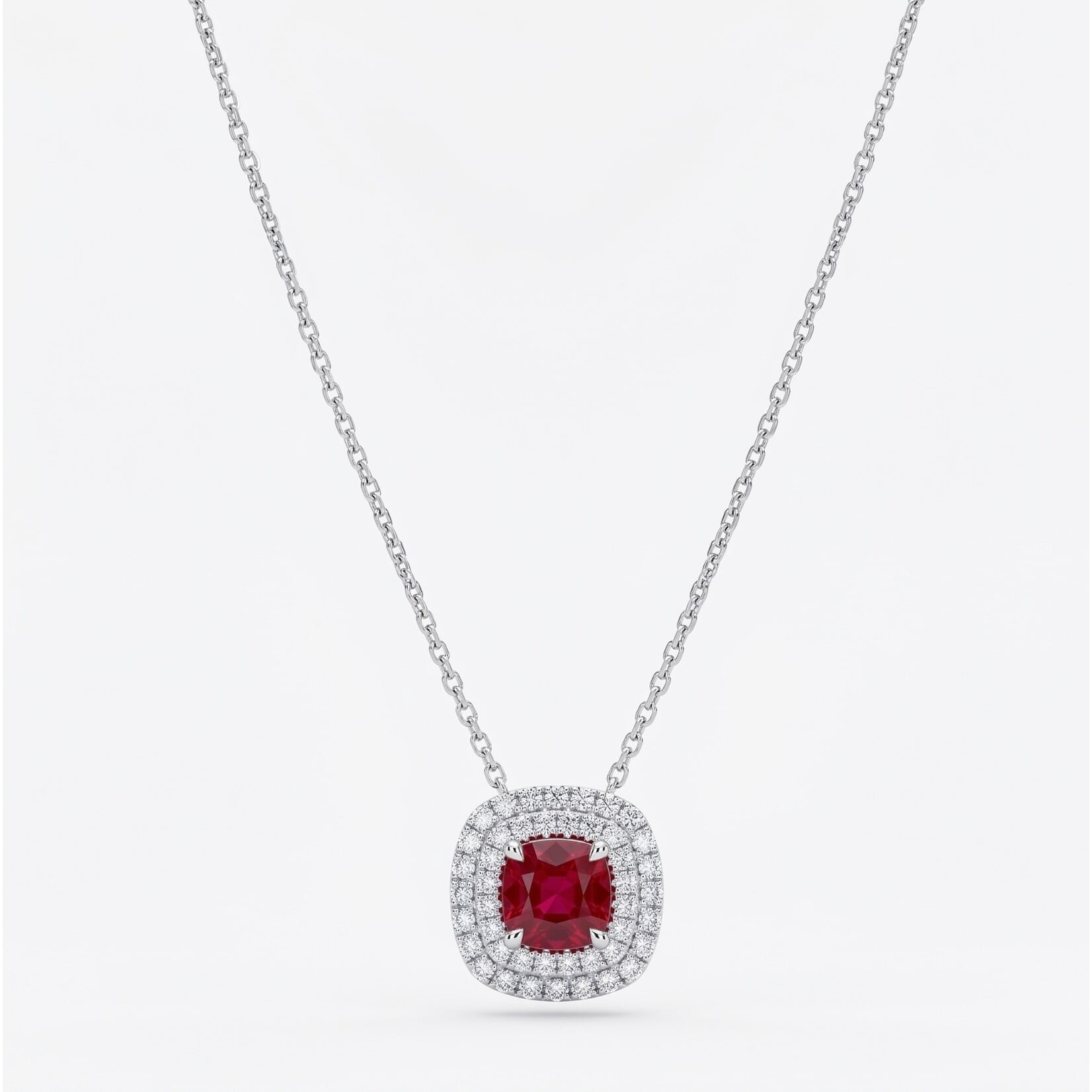 14K White Gold Ruby and Double Halo Diamond Pendant