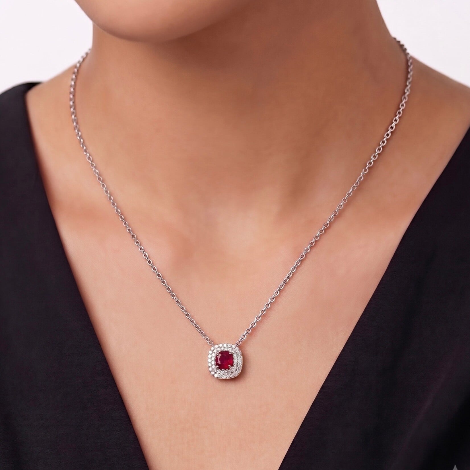 14K White Gold Ruby and Double Halo Diamond Pendant