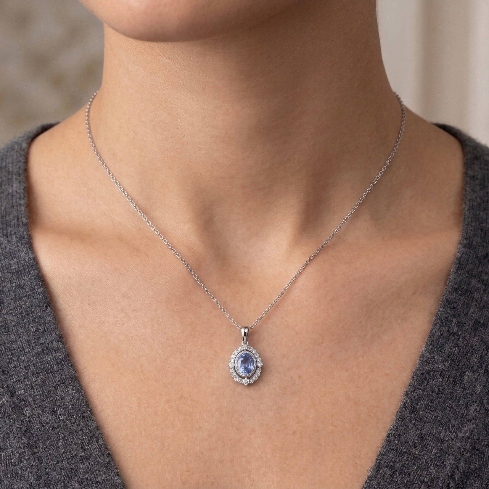 14K White Gold Sapphire and Diamond Vintage Style Pendant