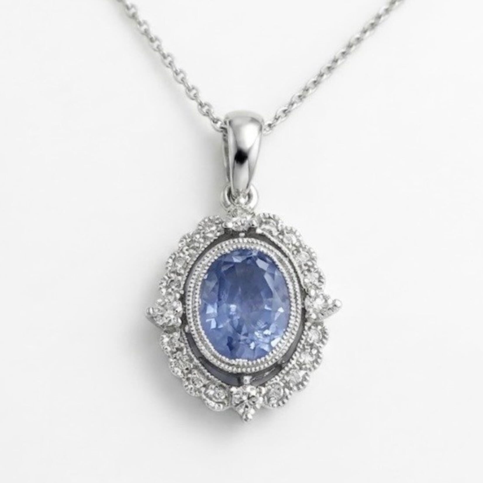 14K White Gold Sapphire and Diamond Vintage Style Pendant