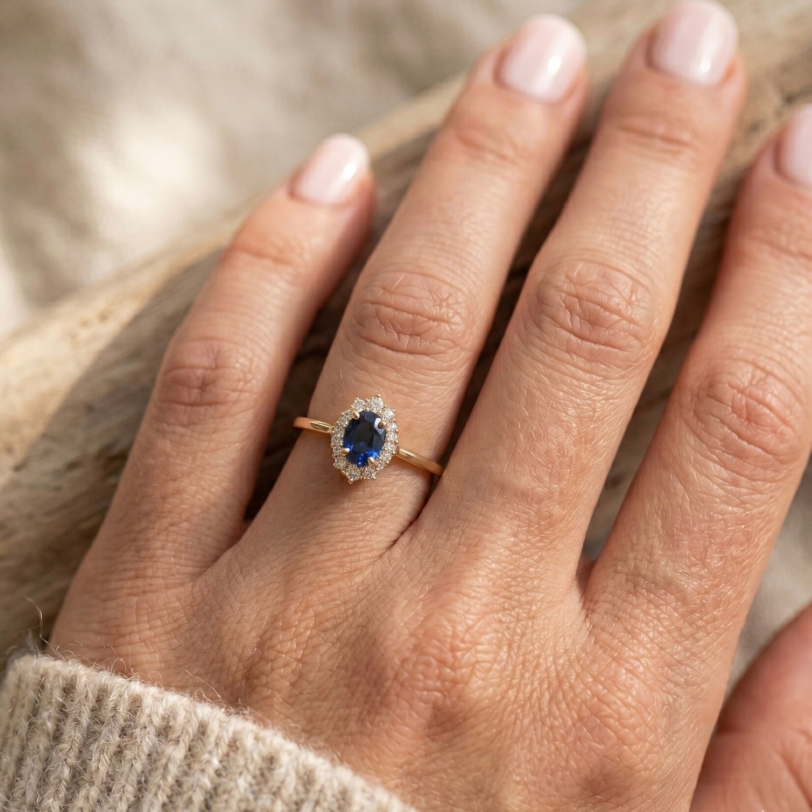 14K Yellow Gold Sapphire and Diamond Halo Ring