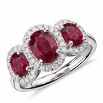 14K White Gold Three Stone Ruby and Diamond Halo Ring