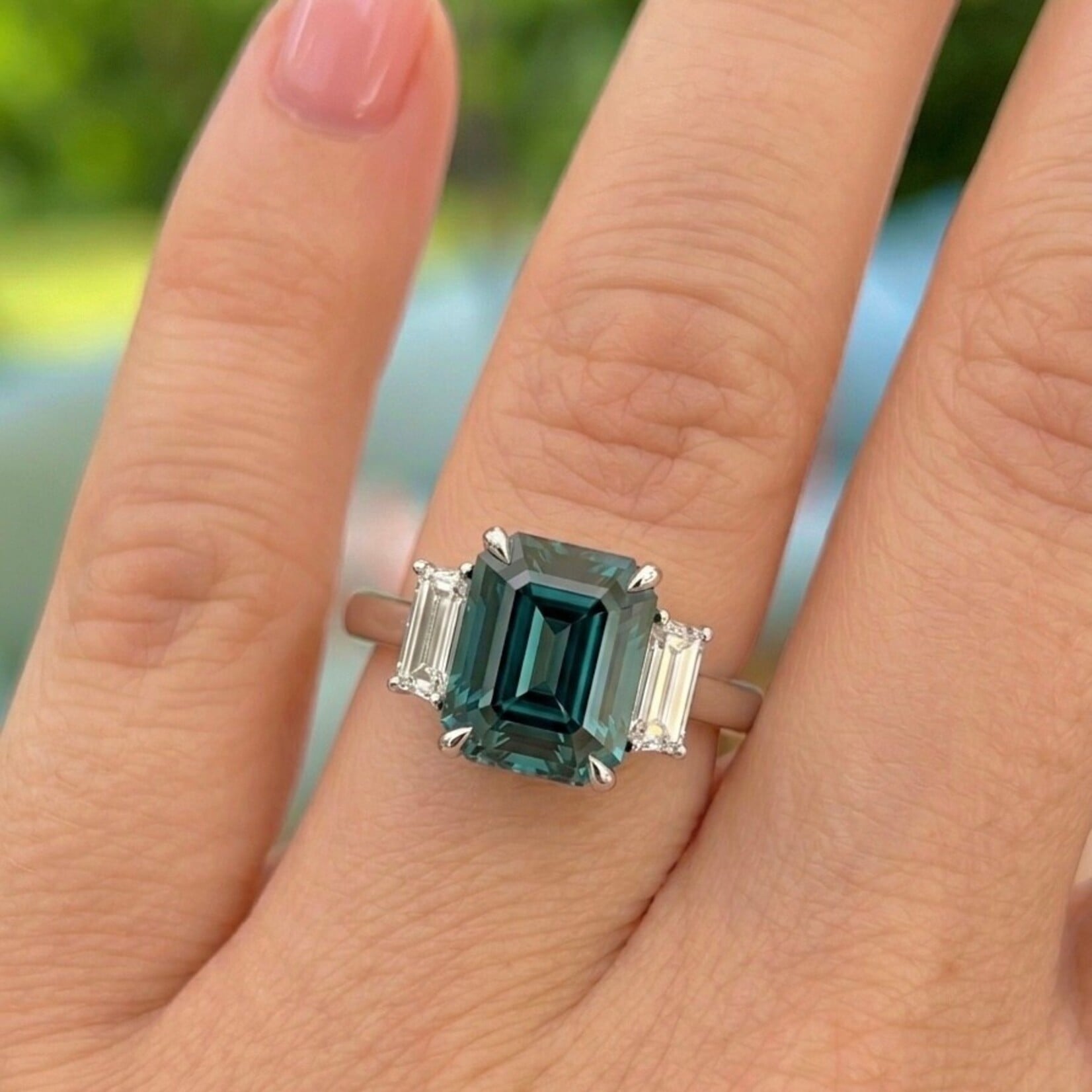 Platinum Teal Sapphire & Diamond Ring