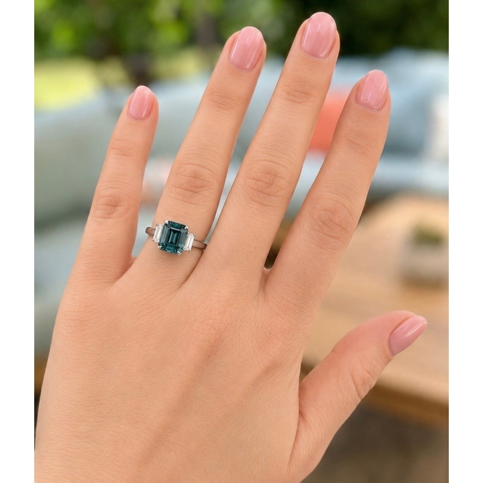 Platinum Teal Sapphire & Diamond Ring