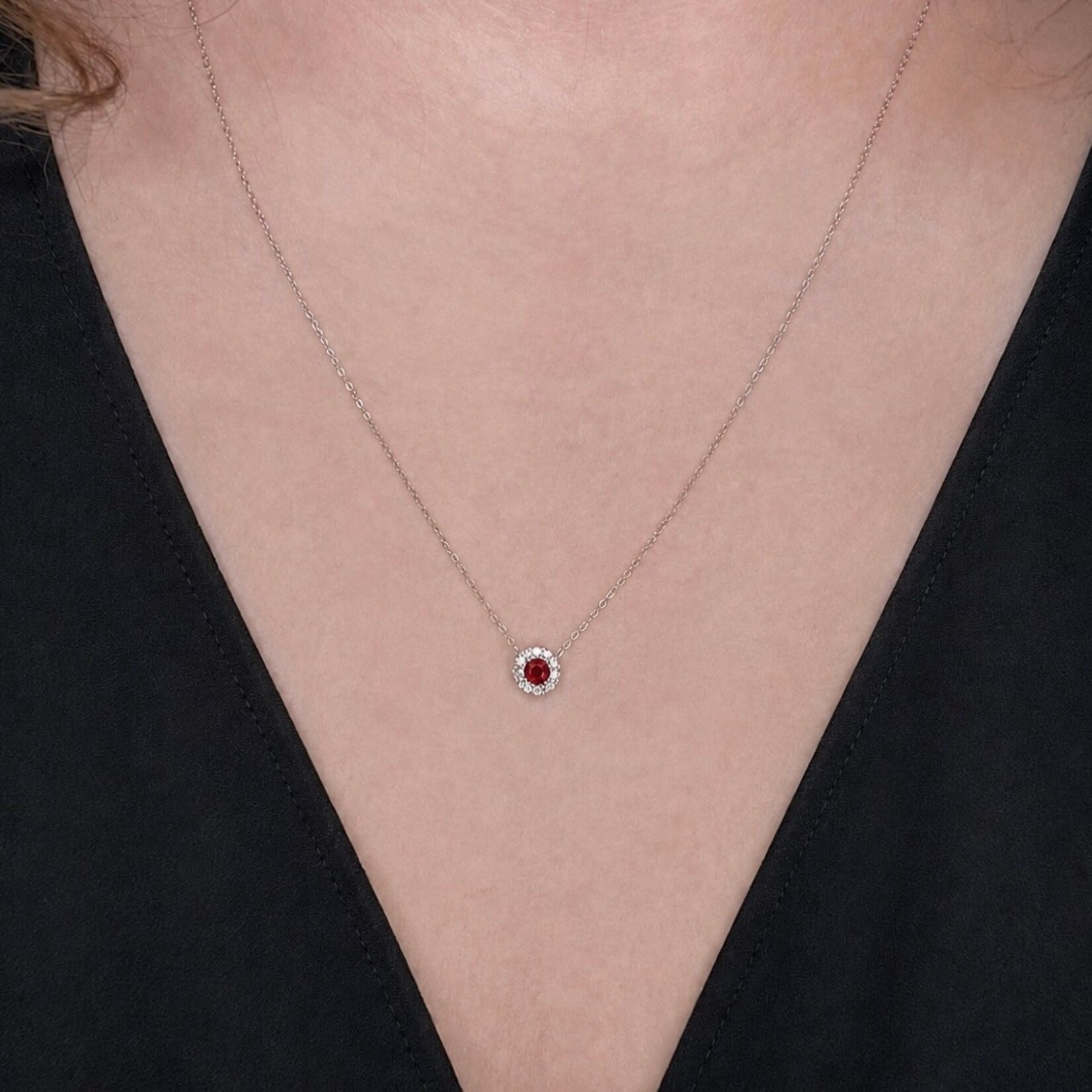 14K White Gold Ruby & Diamond Round Halo Pendant