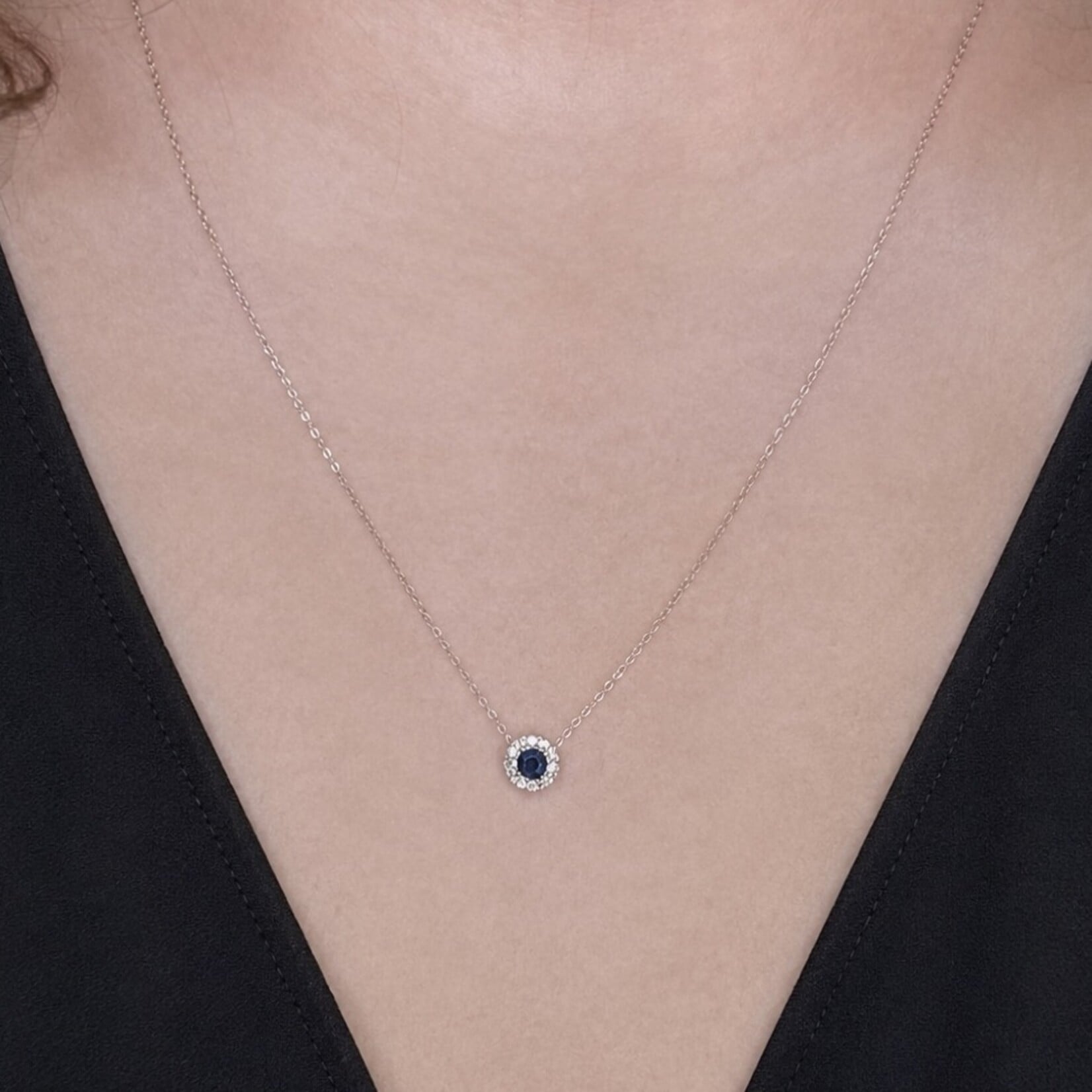 14K White Gold Sapphire & Diamond Round Halo Pendant